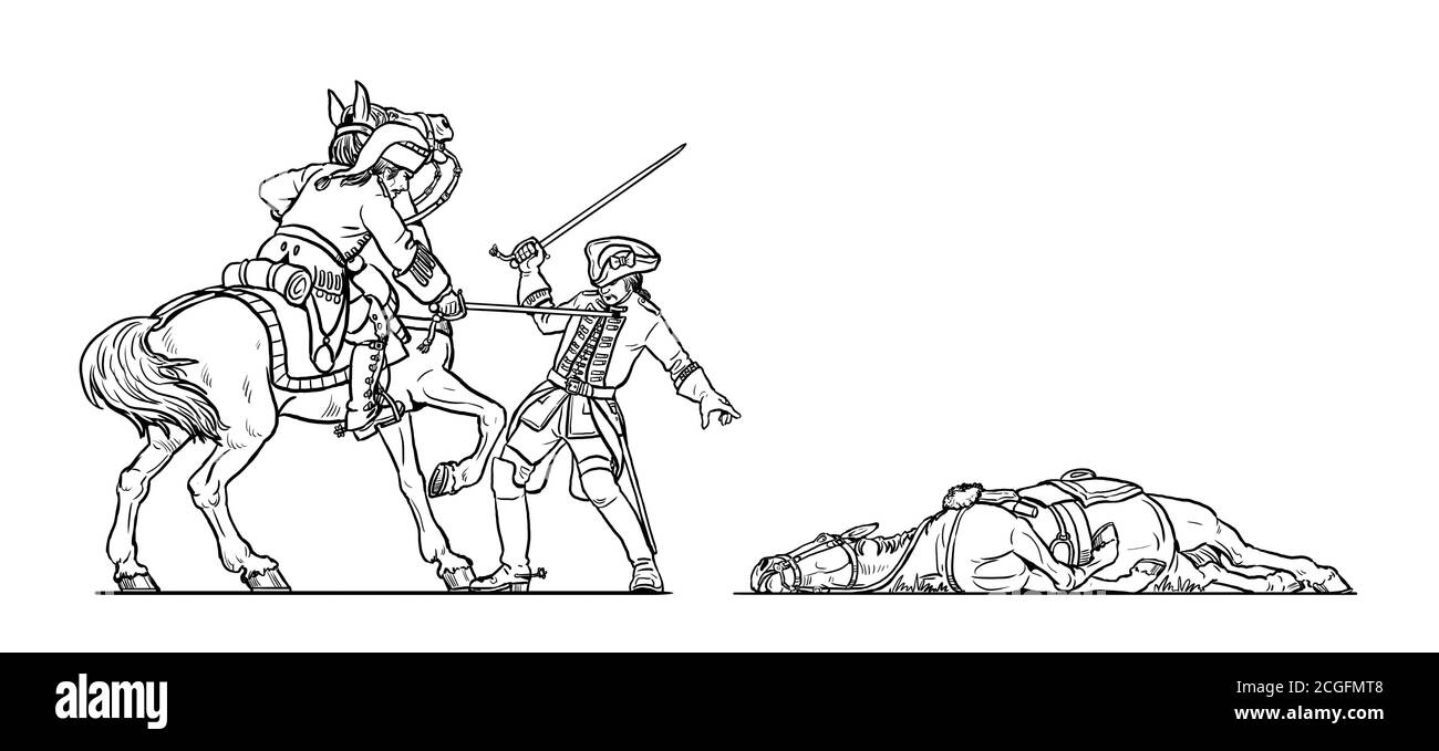 Duell der Kavalleristen. Französischer Dragoon gegen den englischen Dragoon. Historische Zeichnung des Siebenjährigen Krieges. Stockfoto Duell der Kavalleristen. Französischer Dragoon gegen den englischen Dragoon. Historische Zeichnung des Siebenjährigen Krieges. Stockfoto