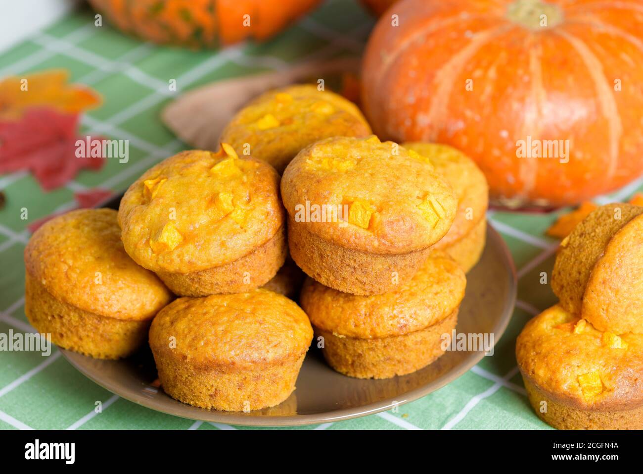 Herbst Kürbis Cupcakes mit frischem Kürbis für Danksagung Tag. Herbst Zusammensetzung von Kürbis und Ahornblätter mit Gebäck Muffins. Stockfoto