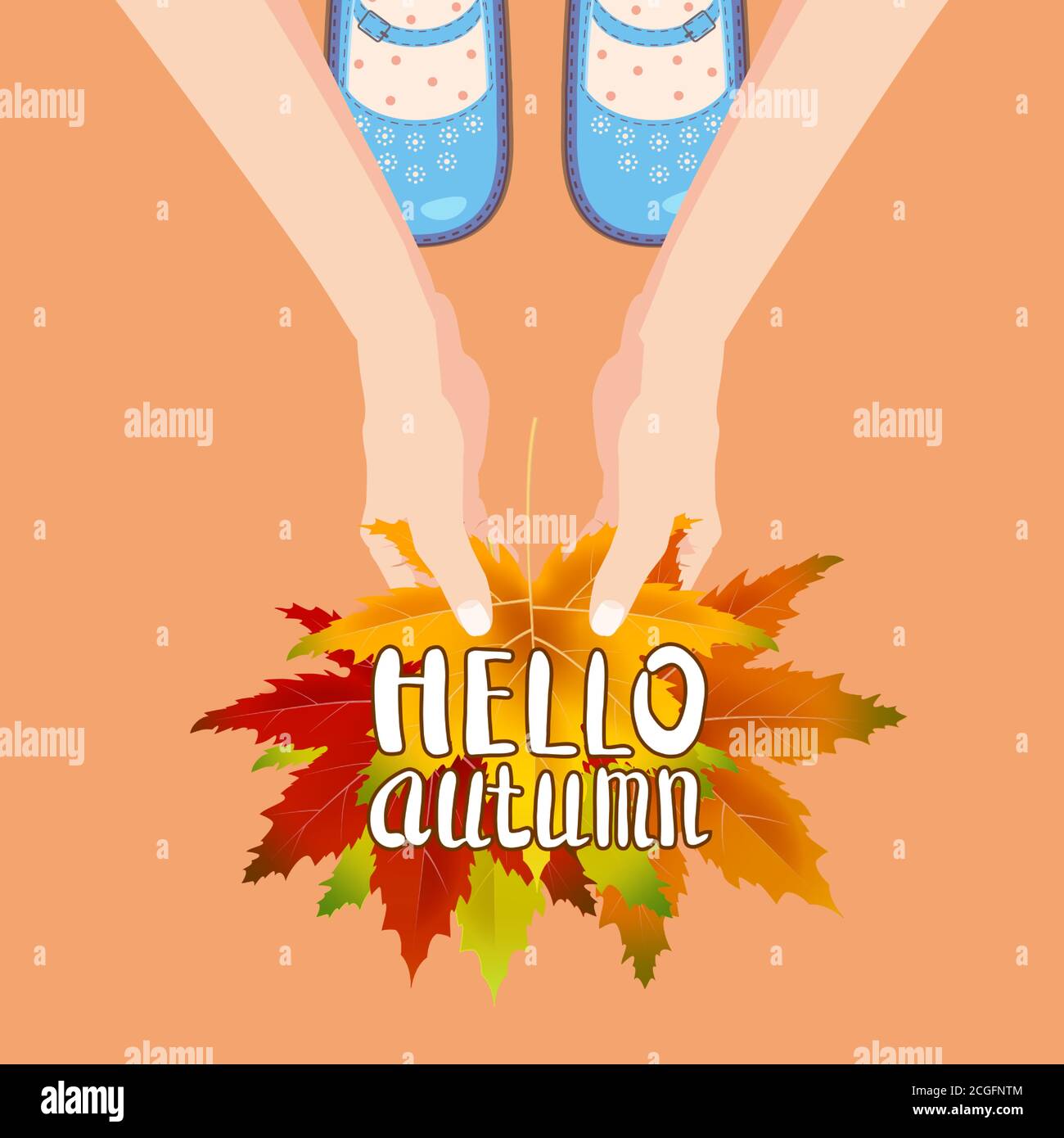 Frauen blaue Schuhe auf Herbstblättern. Hände, die Herbstblätter halten. Schriftzug Hello Autumn. Poster, Banner Vektor Illustration isoliert Stock Vektor