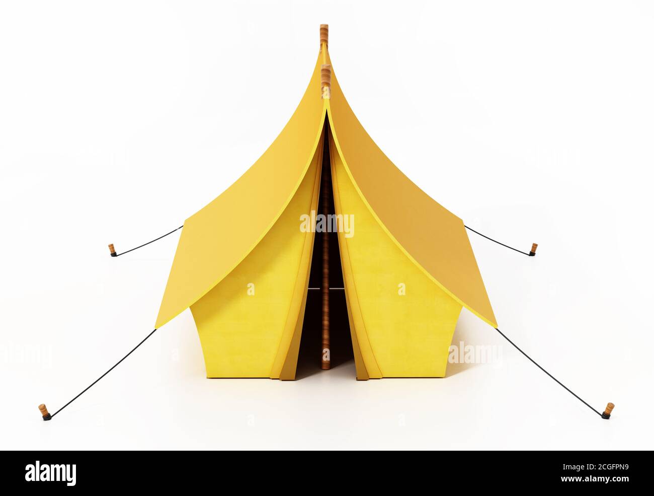 Gelbes Camping Zelt isoliert auf weißem Hintergrund. 3D-Illustration. Stockfoto