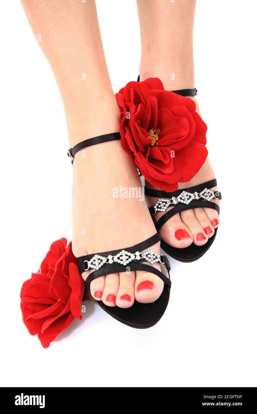 Frauen Füße und Blumen als schöne Pediküre Hintergrund Stockfoto