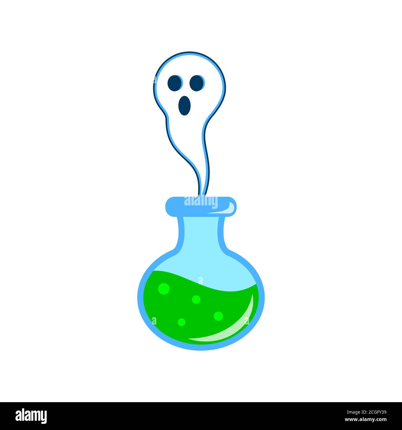 Geist entkommt aus einer Glasflasche. Grüner Zaubertrank mit Geist kommt heraus. Frohe Halloween. Geist in der Glaskolbe. Alchemie mit freundlichem Gastgeber Stock Vektor