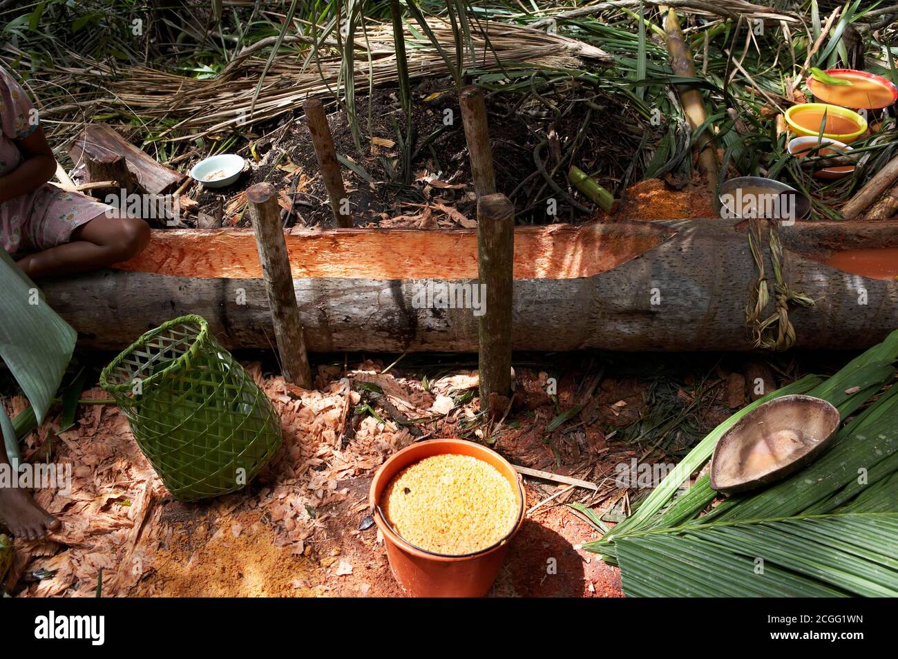 Korb gemacht mit Palme Blätter von einer Frau Warao Indianer leben im Orinoco Delta, Venezuela Stockfoto