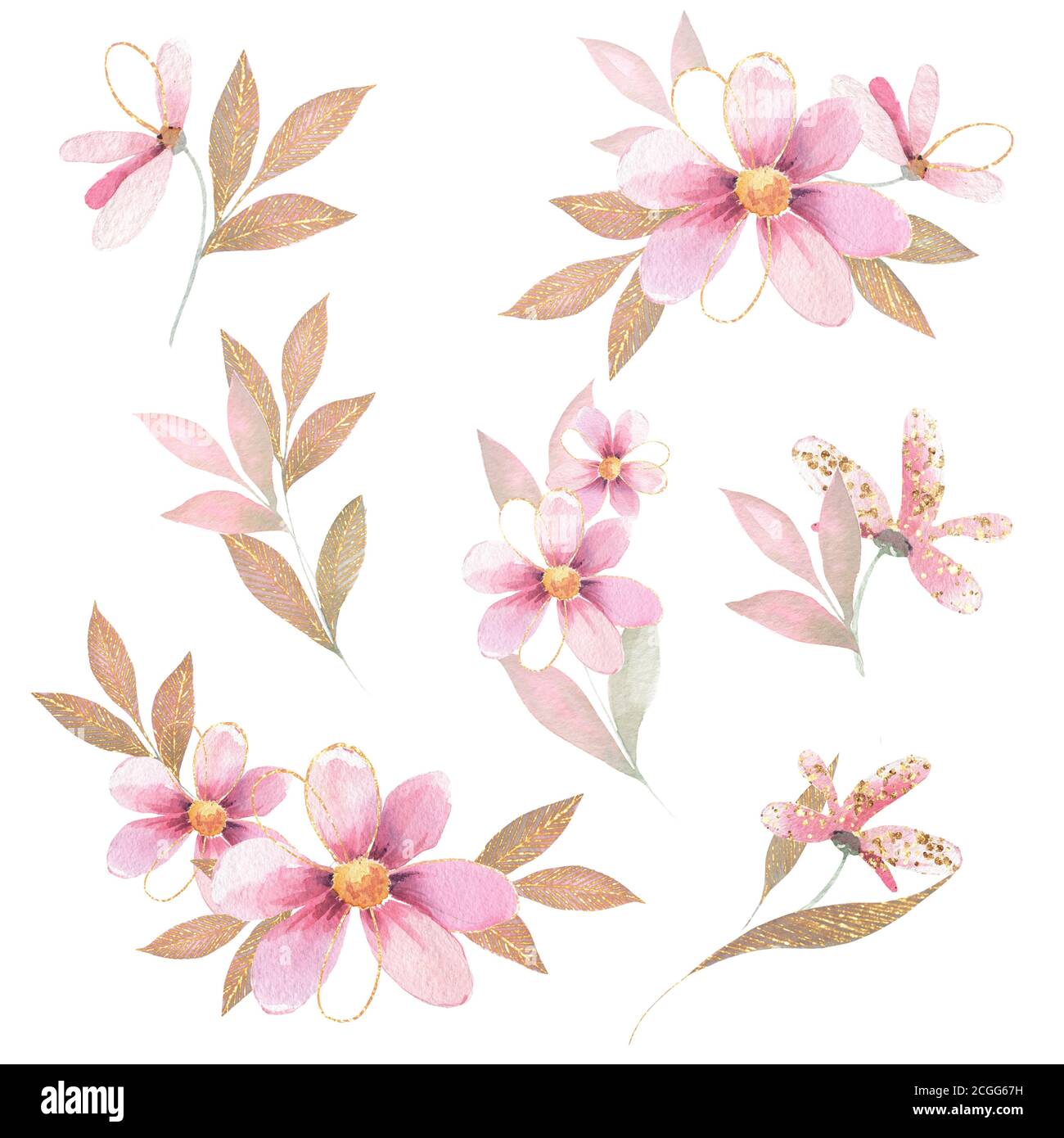 Rosa Aquarellblumen. Blumenstrauß, Blätter und Zweige. Komposition für Grußkarten Stockfoto