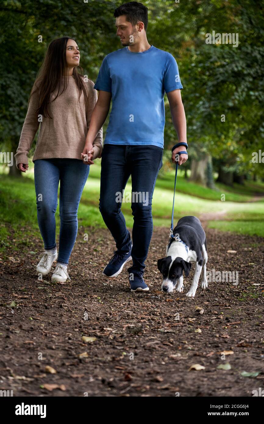 Junges Paar zu Fuß ihren Haustier Hund entlang Weg in der parken Stockfoto