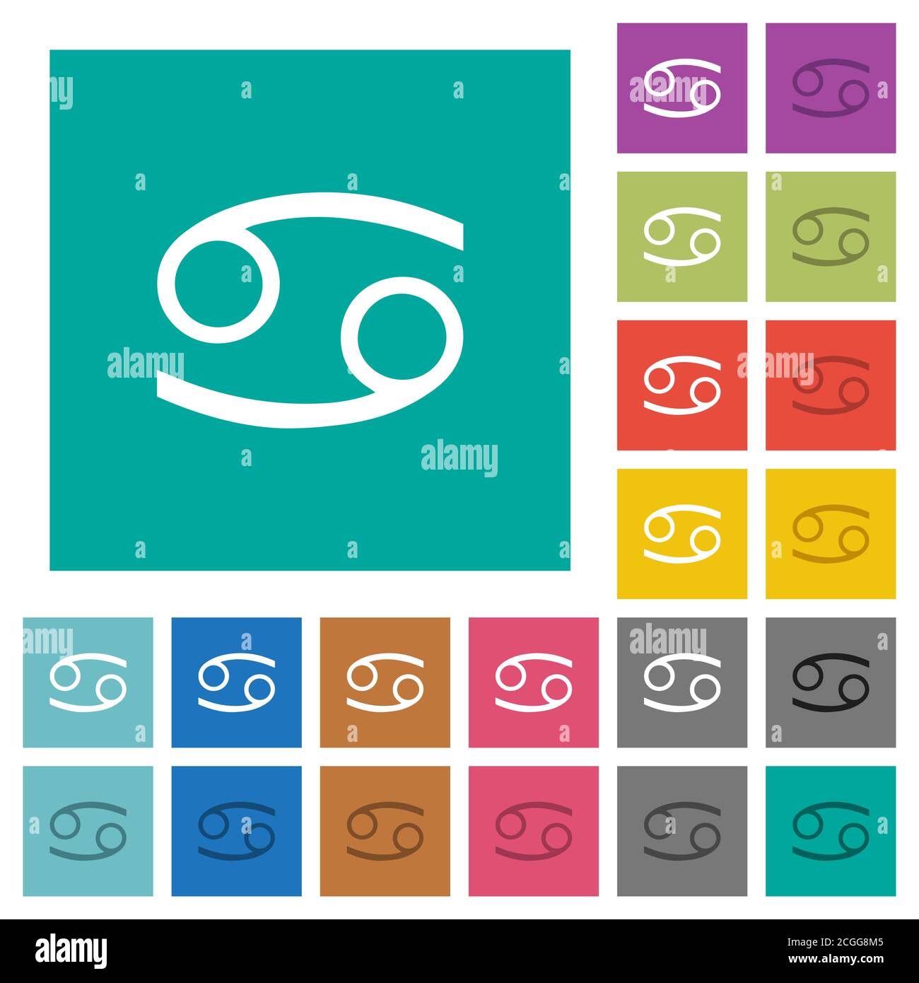 Krebs Tierkreis Symbol mehrfarbige flache Symbole auf einfachen quadratischen Hintergründen. Weiße und dunklere Symbolvarianten für schwebe- oder aktive Effekte. Stock Vektor