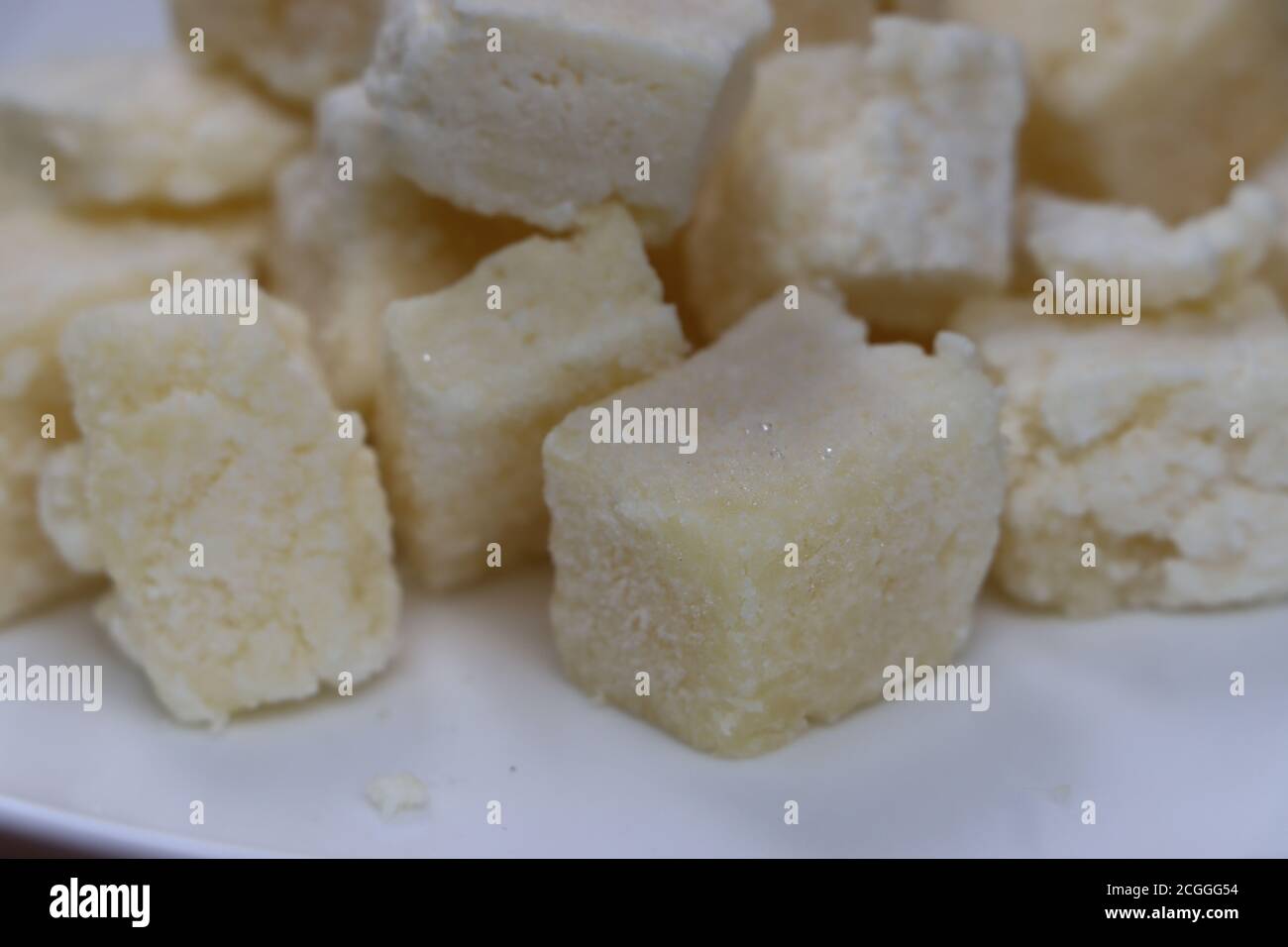 Gefrorener Paneer oder Quark auf weißem Hintergrund, Milchprodukte, verarbeitete Lebensmittel Stockfoto