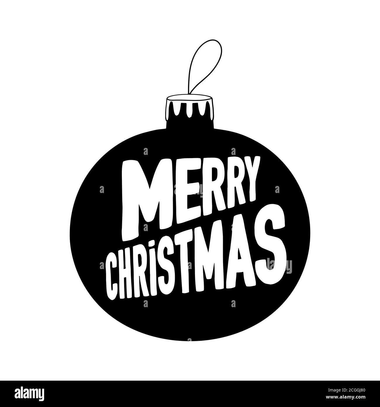 Handgezeichnetes Weihnachtsbaumkugelsymbol mit fröhlichem Weihnachtsschriftzug im Inneren. Isoliert auf weißem Hintergrund. Stock Vektor