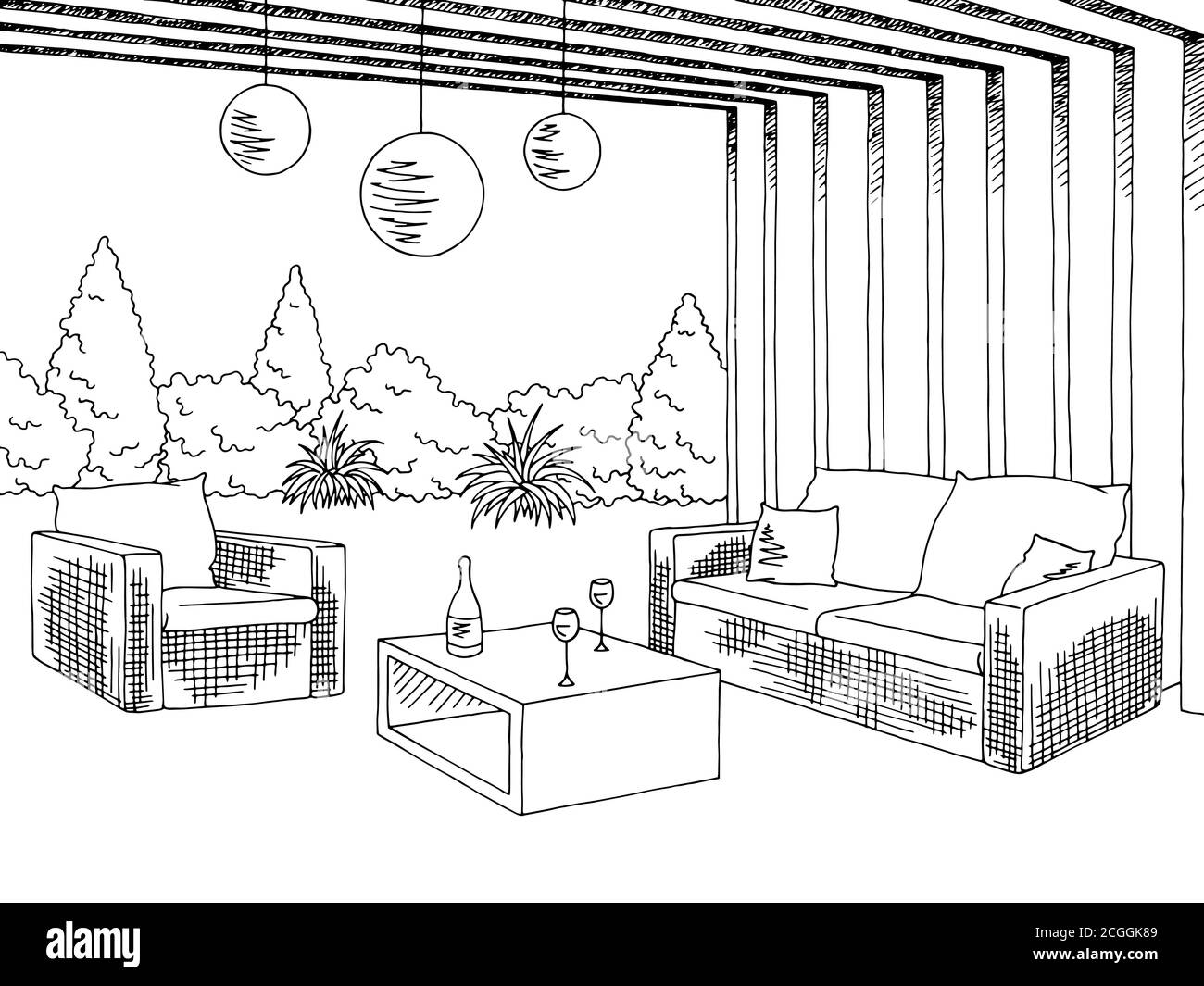 Patio Garten Grafik schwarz weiß Skizze Illustration Vektor Stock Vektor