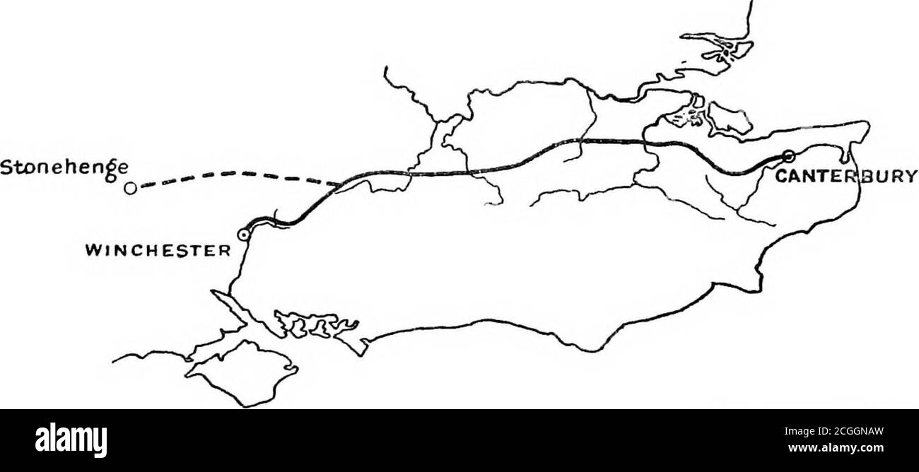 . Die Alte Straße . Level «7 DIE THEORIE, ZUERST das Tal des Itchen bis zur Wasserscheide, dann die Ebene des Wey, Und kurz nach Farnham schlug die rangeof the North Downs, an denen es weiterhin bis zum Tal des Stour, wo eine kurze Zugabe führte es auf Canterbury. Seine allgemeine Richtung, als sie sich in ihre endgültige Form niedergelassen hatte, war also etwas von dieser Art: –.    ^  Letzte Form der alten Straße •   ■. Verlassene Teil zwischen Farnham & Stonehengsthe Harrow Way, als Winchester begann, sich als das notwendige Zentrum Südenglands zu behaupten – das ist von offen, reich Stockfoto