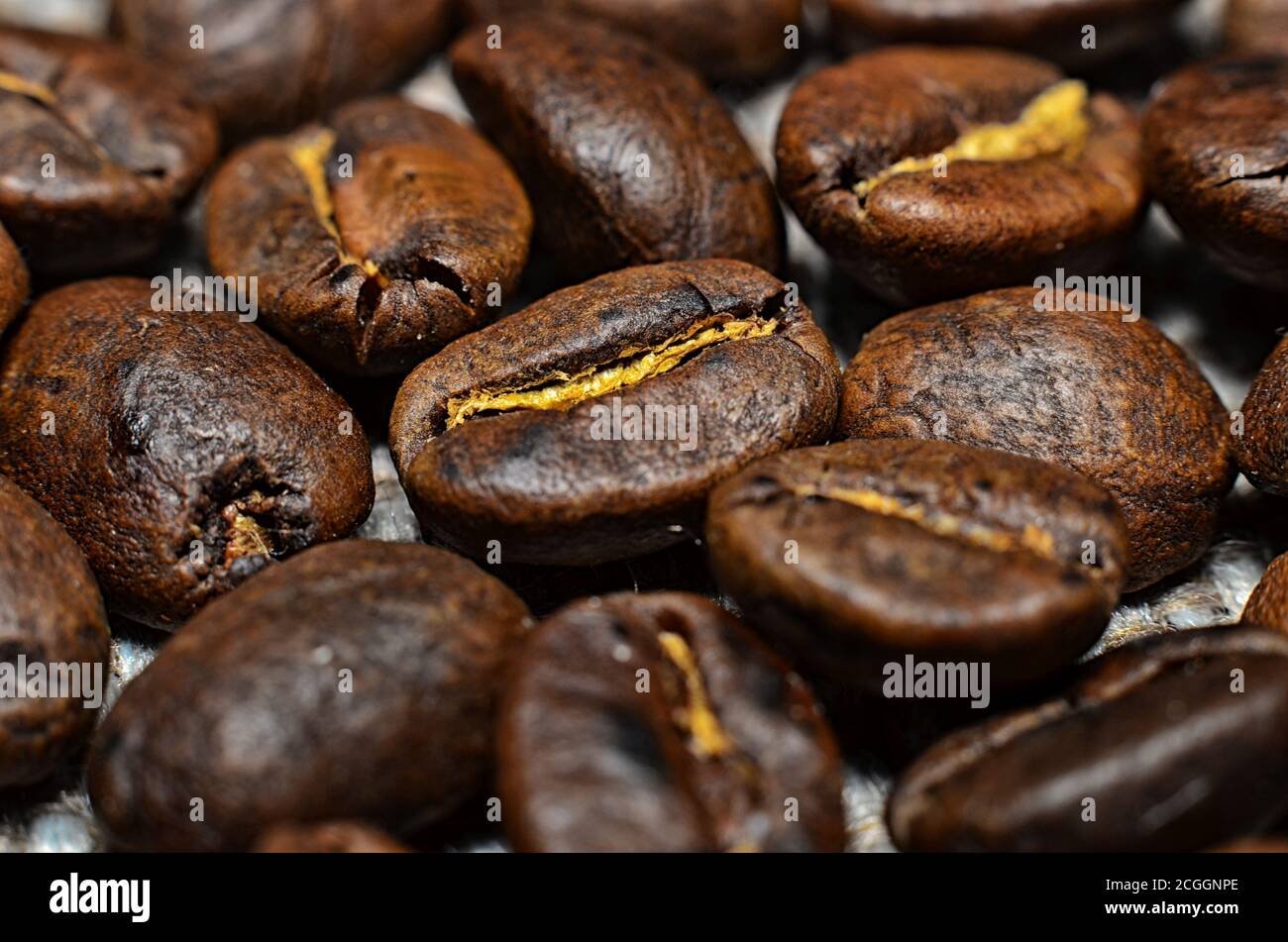 Geröstete Kaffeebohnen Makroaufnahme Hintergrund Stockfoto