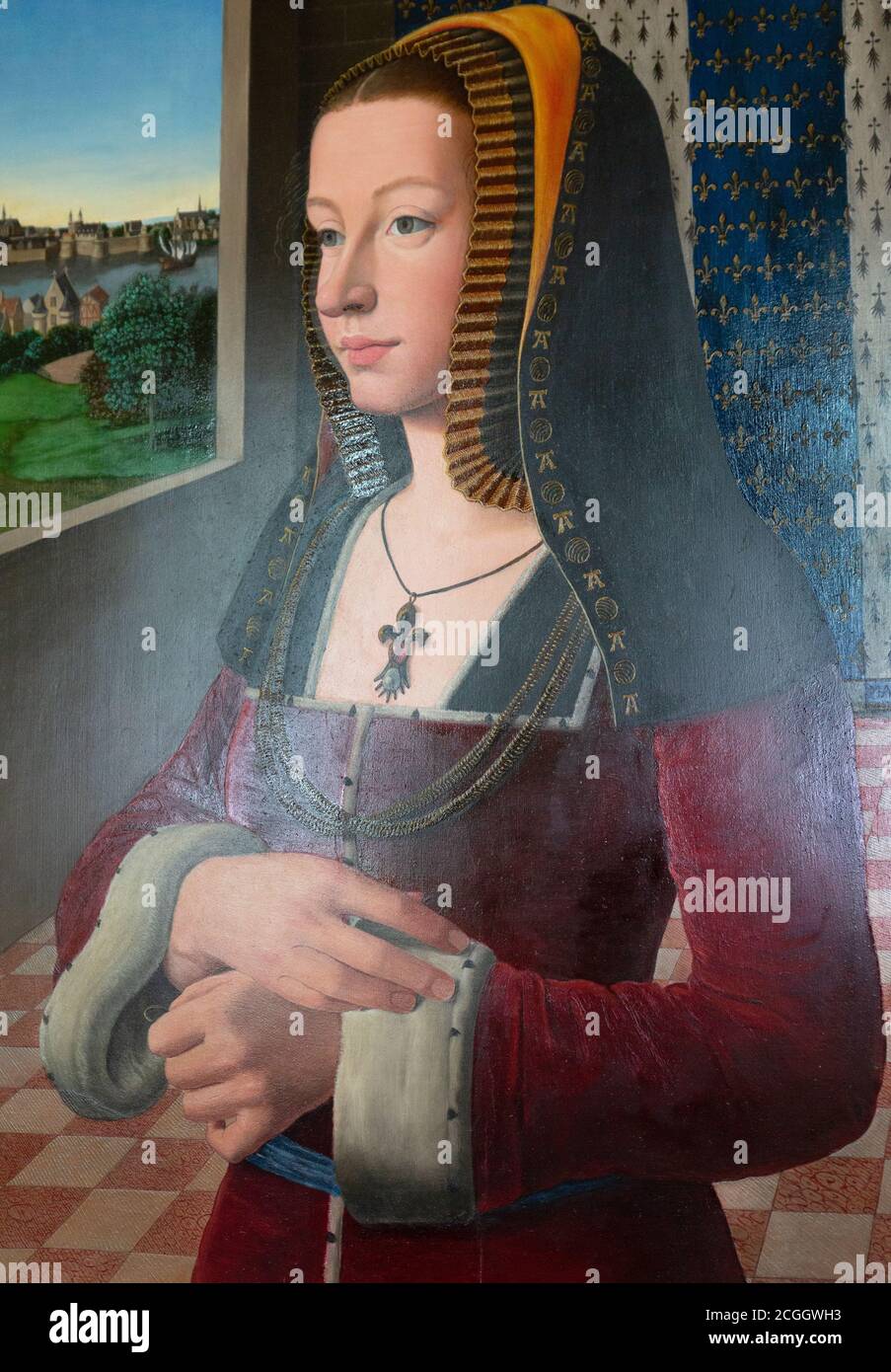 Anne von Bretagne (Anne de Bretagne); Herzogin von Bretagne & Königin Consort von Frankreich im 15. Jahrhundert - Porträtmalerei in Chateau D'Amboise, Frankreich Stockfoto