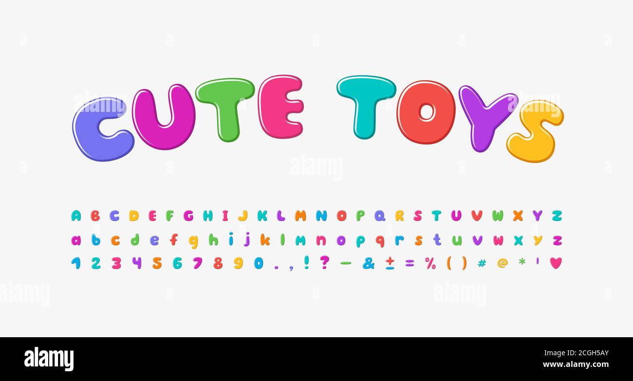 Bunte Cartoon Alphabet, Blase Form Schrift Regenbogen helle Farben. Groß- und Kleinbuchstaben, Zahlen, Satzzeichen. Vektor. Stock Vektor