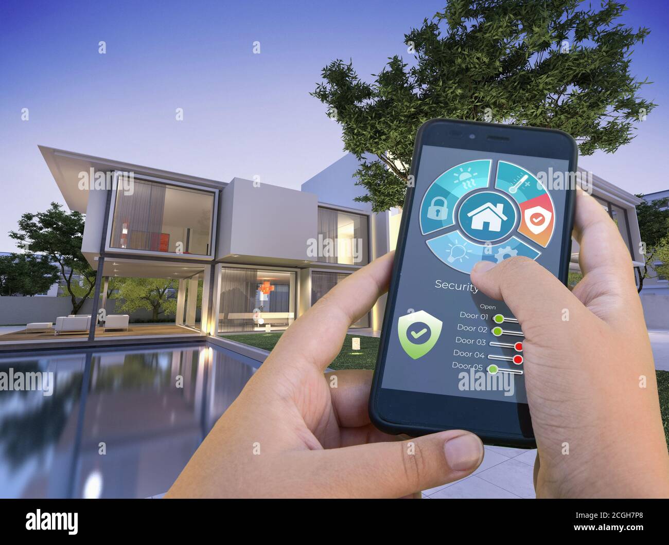 3D-Rendering einer modernen Villa mit Pool gesteuert von Ein Smartphone von außen Stockfoto