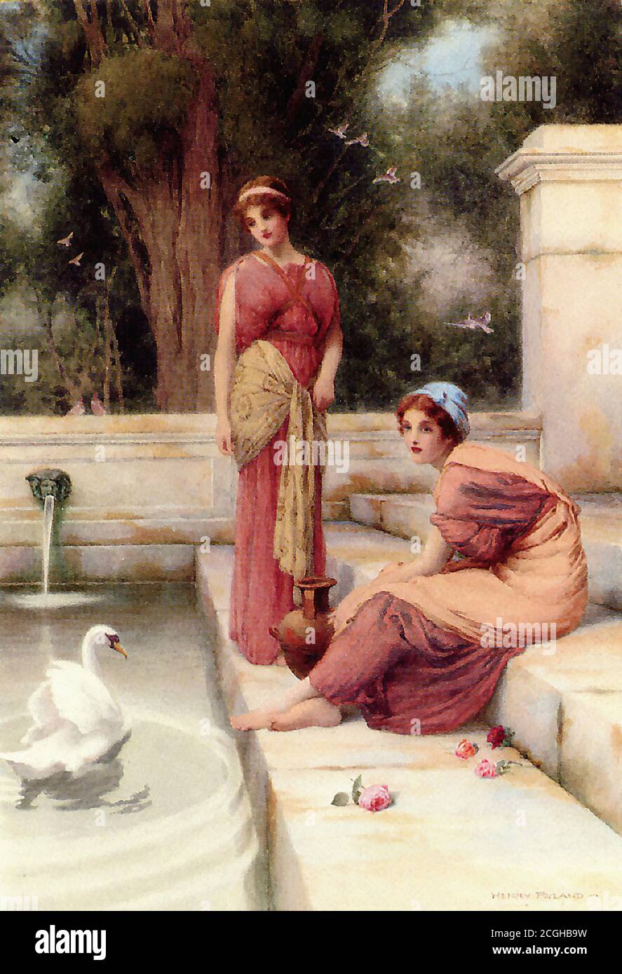 Ryland Henry - zwei klassische Mädchen und ein Schwan - British School - 19. Jahrhundert Stockfoto