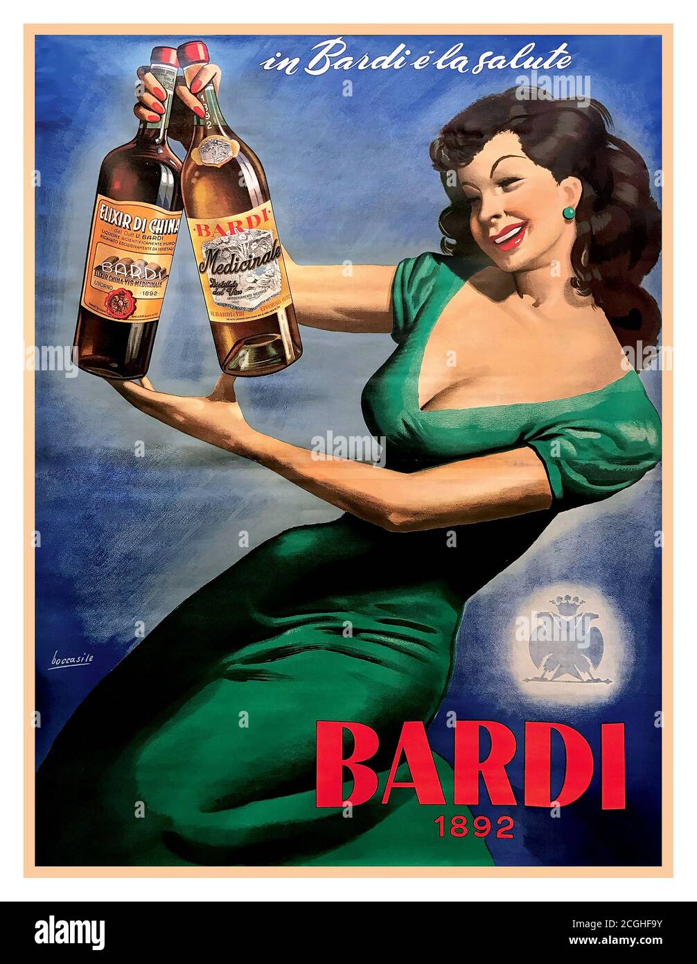 Weinlese alkoholischer Likörgetränke Plakat 1950 ‘IN BARDI E’ LA SALUTE – BARDI 1892 Lithograph mit Frau, die zwei der von Bardi hergestellten Liköre hält, die 1892 ihren Betrieb aufgenommen haben. Der Künstler Gino Boccasile (1901-1952) war ein einflussreicher Künstler, der in seiner Karriere viele der Konzepte des Art Deco-Einflusses adaptierte, aber den schärferen Linien des klassischen Art Deco eine Rundheit und Form zufügte. Gino Boccasile (1901-1952), IN BARDI E’ LA SALUTE – BARDI 1892 Lithografisches Plakat der ersten Auflage. 1950. Entworfen von Boccasile und signiert von ihm auf Lithographie Stockfoto