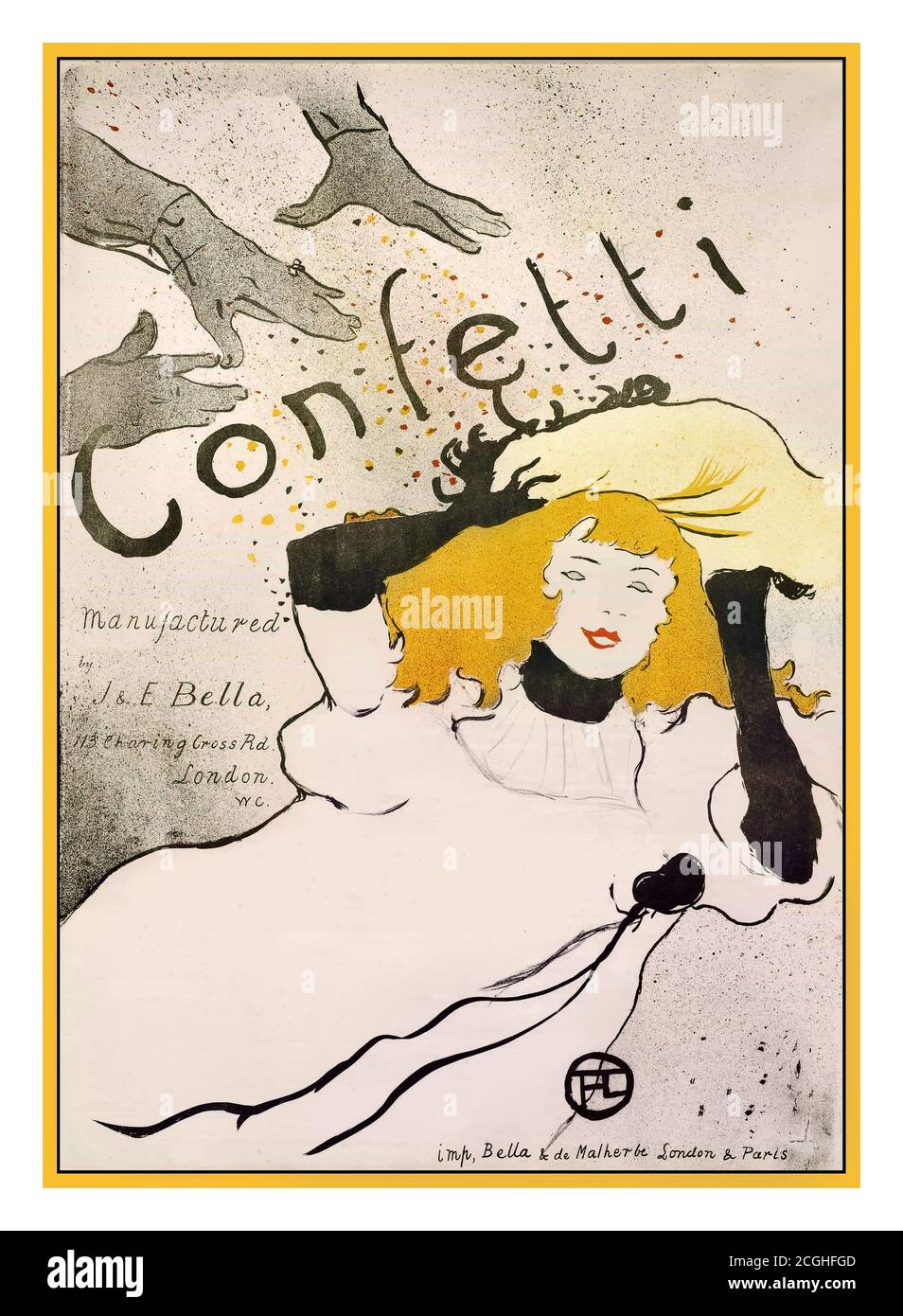 CONFETTI Vintage 1800 Toulouse-Lautrec Poster 'Confetti', Lithographie 1894-farbig gedruckt von Bells & de Malherbe, London & Paris, Kunstwerk des renommierten französischen Künstlers Henri de Toulouse-Lautrec. Stockfoto