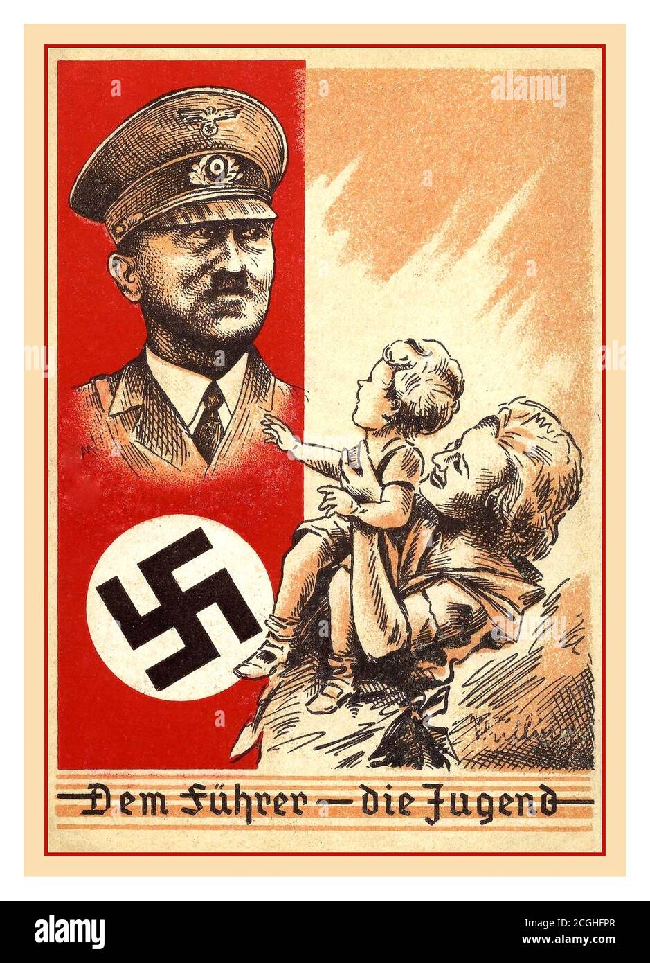 ADOLF HITLER1930 Nazi-Deutschland Propaganda Postkarte 'dem Führer - Die Jugend' ‘der Führer- die Jugend’ Adolf Hitler und Hakenkreuz Mit einer deutschen Mutter und einem Kind, das aufschaut Ihn in Bewunderung Stockfoto