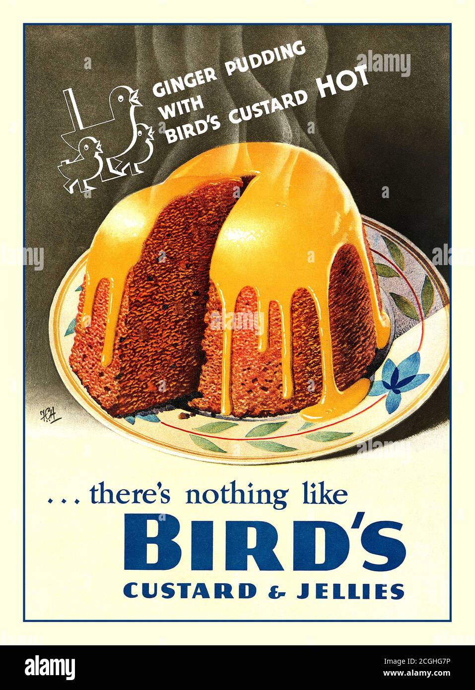 Vintage 1950s Illustration Vögel Custard Werbung ‘es gibt nichts wie Vögel Pudding und Gelees’ mit ‘Ingwer Pudding with Bird’s Custard HOT’ Stockfoto