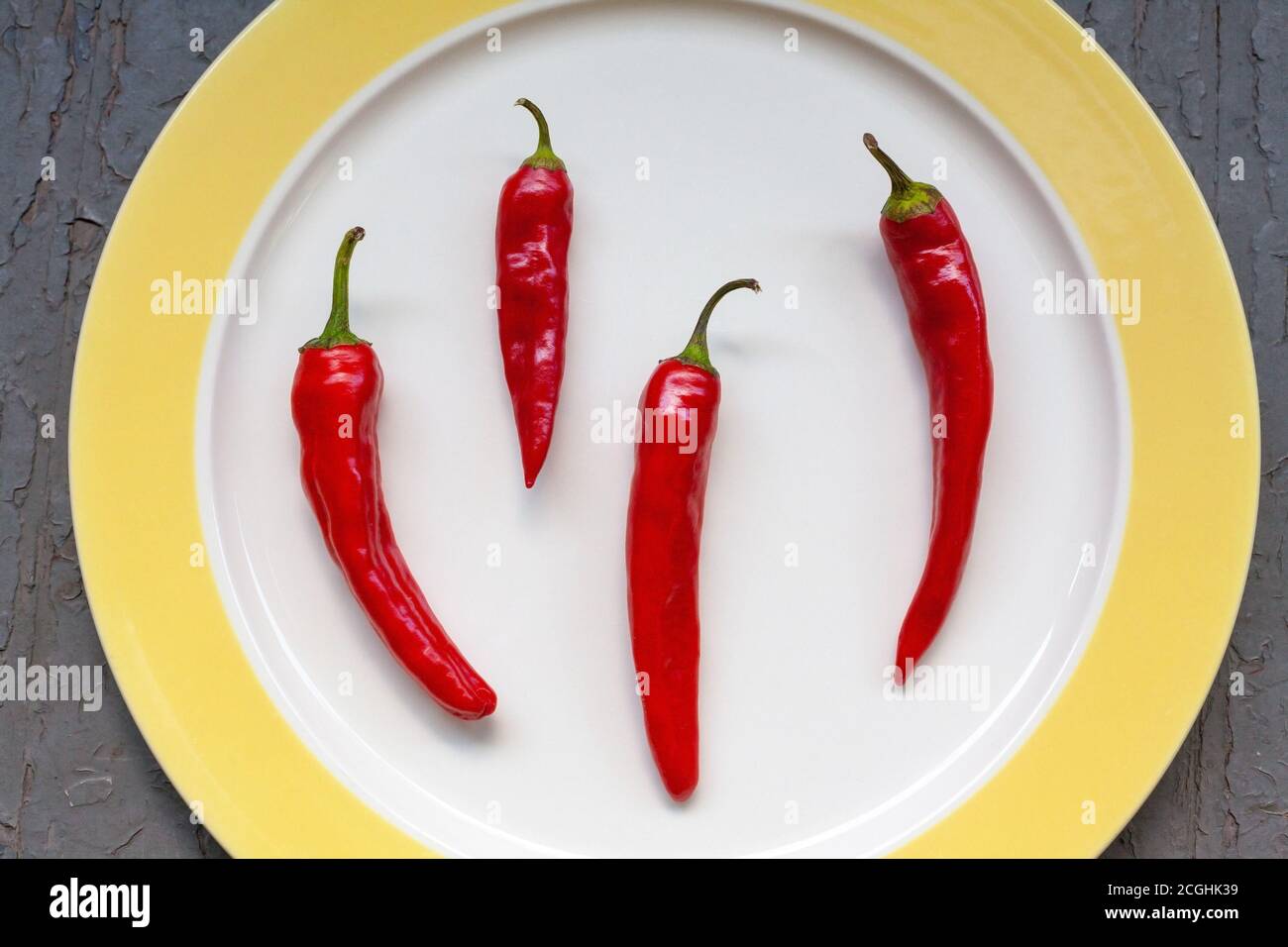 Süsse rote Paprika – capsicum annuum – auf dem Teller austrocknend in Vorbereitung auf das Einfrieren. Stockfoto