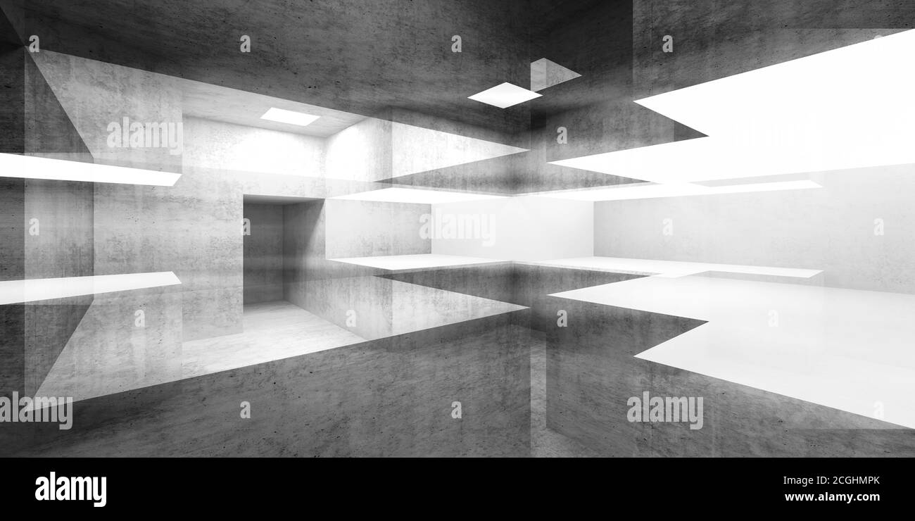Abstrakter Beton-Innenhintergrund, digitale Illustration mit Double Exposure Effekt, Mixed Media. 3d-Rendering-Illustration Stockfoto