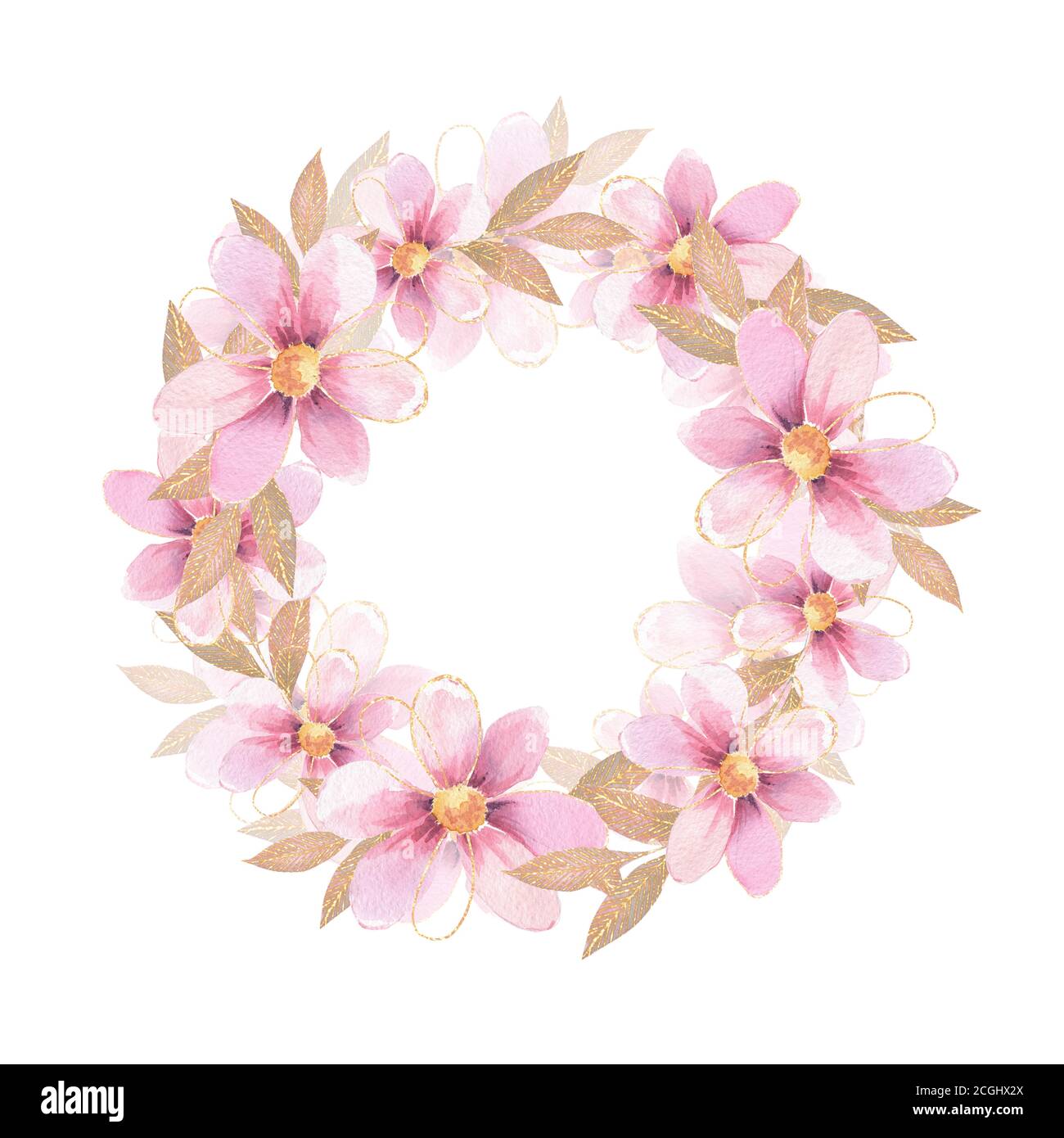 Blumenrahmen. Ein Kranz aus rosa Aquarellblumen Stockfoto