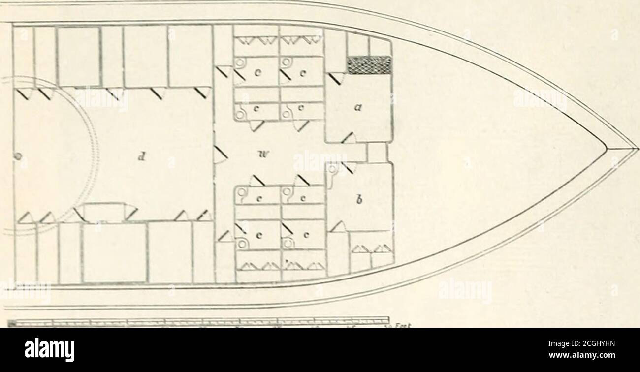 . Abraham Lincoln und die Schlachten des Bürgerkrieges . jS6 DIE MOXITORS.. a. cnptain PUX DES DERTH-DECK DES URSPRÜNGLICHEN MONITORS, GEZEICHNET ZU SKALIEREN. Kabine : i^. Sein Zustand-Raum ; r, Zustand-Räume der Offiziere : ■<(, ward-room ; d, Viertel h. sein Zustand-Raum ; r, Staatsräume der Offiziere :der Besatzung, mit Lagerräumen an den Seiten betrachtet als * grobe Struktur, und von daser er sagt: Wahrscheinlich wurde nie ein Schiff ausgedacht, was der Besatzung so unangenehm war.Wenn diese Meinung begründet wäre, dann würde es beweisen, dass unter Wasser lebende Schiffe wie die Monitore untit sind, um darin zu leben. Zum Glück ist die wichtige c Stockfoto