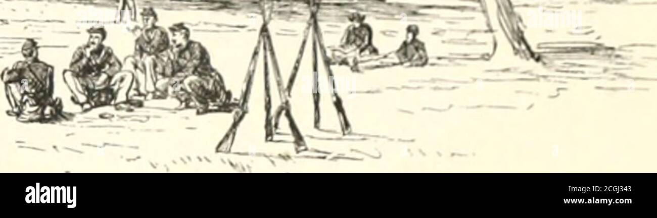 . Abraham Lincoln und die Schlachten des Bürgerkrieges . 13 ;^ ,^i^^^ tm. McClellans HEADQl ARTERS, Harrisons LANDING, JAMES RIVER. (NACH SKIZZE VON A. R. WAUD, 1862.) Dieses Haus war der Geburtsort von General (nachher Präsident) William Henry Harrison. Im Juli 1862 wurde es als Krankenhaus und als Signalstation genutzt, das Gerüst um die Schornsteine wurde zu diesem Zweck gebaut. Bei Harrisons Landing setzt die Armee auf eine Ruhezeit, die dringend benötigt wird. Die Hitze während des Tages war unverträglich und verhinderte viel Bewegung. Männer liegen unter ihrer Obdach, geräuchert, erzählt Stockfoto