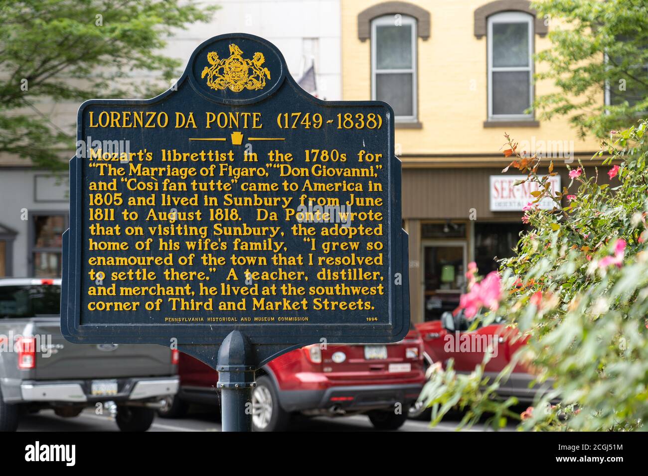 Sunbury, PA - 7. September 2020: Dieses Zeichen erzählt von dem berühmten Bewohner Lorenzo Da Ponte, der die Libretti für 28 Opern schrieb, darunter 3 in Zusammenarbeit mit Stockfoto