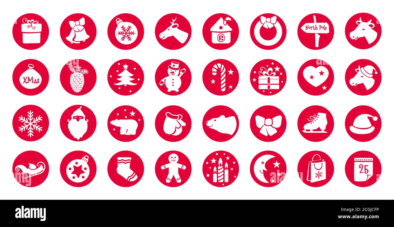 Weihnachtliche flache Symbole für Webdesign und mobile App. Beige Bilder auf roten Kreisen. Süße weihnachten Zuckerrohr, Lebkuchenhaus, Mann, Stier Kopf Stock Vektor