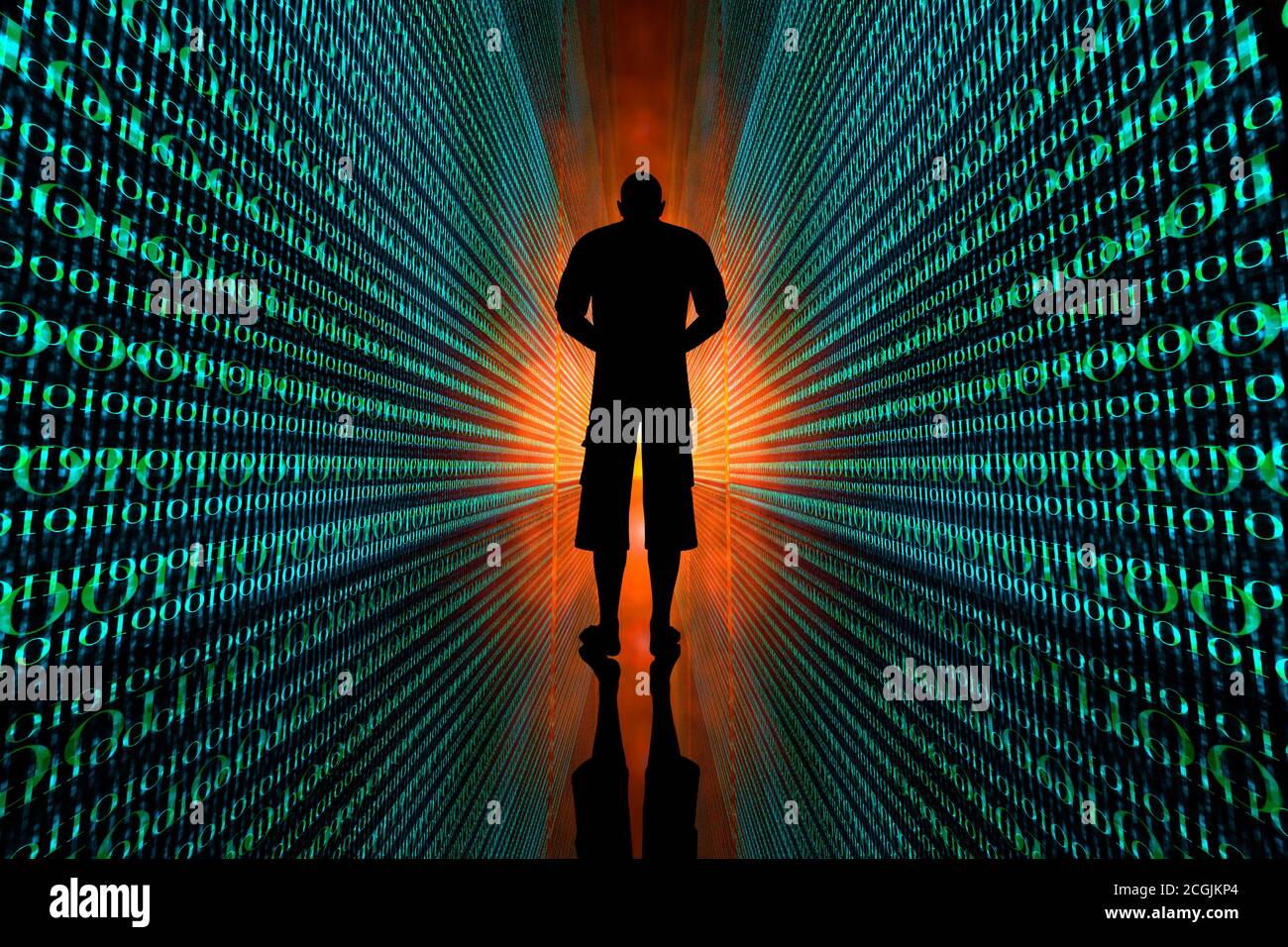3D-Illustration eines Mannes, der zwischen unendlichen Codezeilen steht, die seine digitale Identität und Datenspuren symbolisieren. Stockfoto