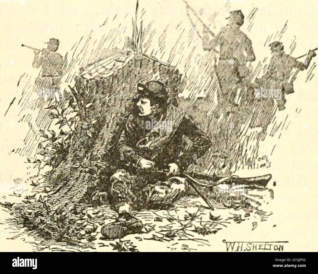 . Abraham Lincoln und die Schlachten des Bürgerkrieges. Aussicht möglich von den stumpsand Bäumen, wie wir zurückgeschoben wurden, bis die Kante des w^ood wieder wherewe angehalten und auf den Feind von be-hind abgefeuert alle die Abdeckung die Situation angeschobenen. Wir waren nicht zu stolz, nicht einmal die, die die würde der Schultergurte zur Stütze hatten, hinter einem Baum oder Stumpf auszuweichen. Ich rief zu einem Kameraden, warum kriegt ihr nicht hinter einen Baum? Verwechselte es, sagte er, dort ist genug für die Offiziere. Ich meine nicht, Offiziere der Feigheit zu beschuldigen, aber wir hatten plötzlich herausgefunden, dass sie den gleichen General zeigten Stockfoto