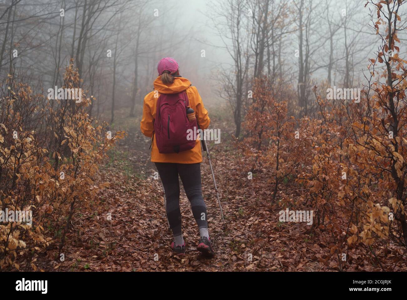 Aktive Menschen und herbstlich launisch Urlaub Zeit verbringen Konzept Bild. Gekleidet hell orange Jacke junge weibliche Backpacker zu Fuß durch die touristische p Stockfoto