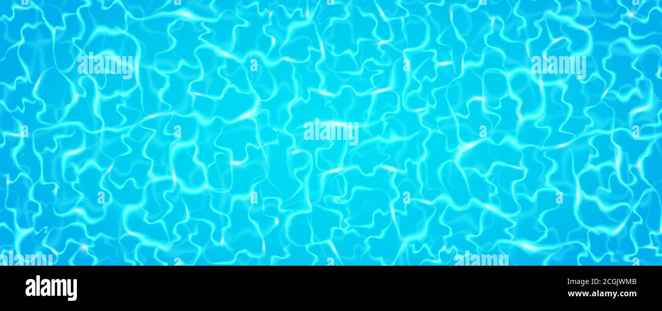 Swimmingpool mit Sonnenreflexion. Blaue Wasseroberfläche langes Banner. Helles Rippmuster. Sommer Wellen Hintergrund. Realistischer Swimmingpool Stock Vektor