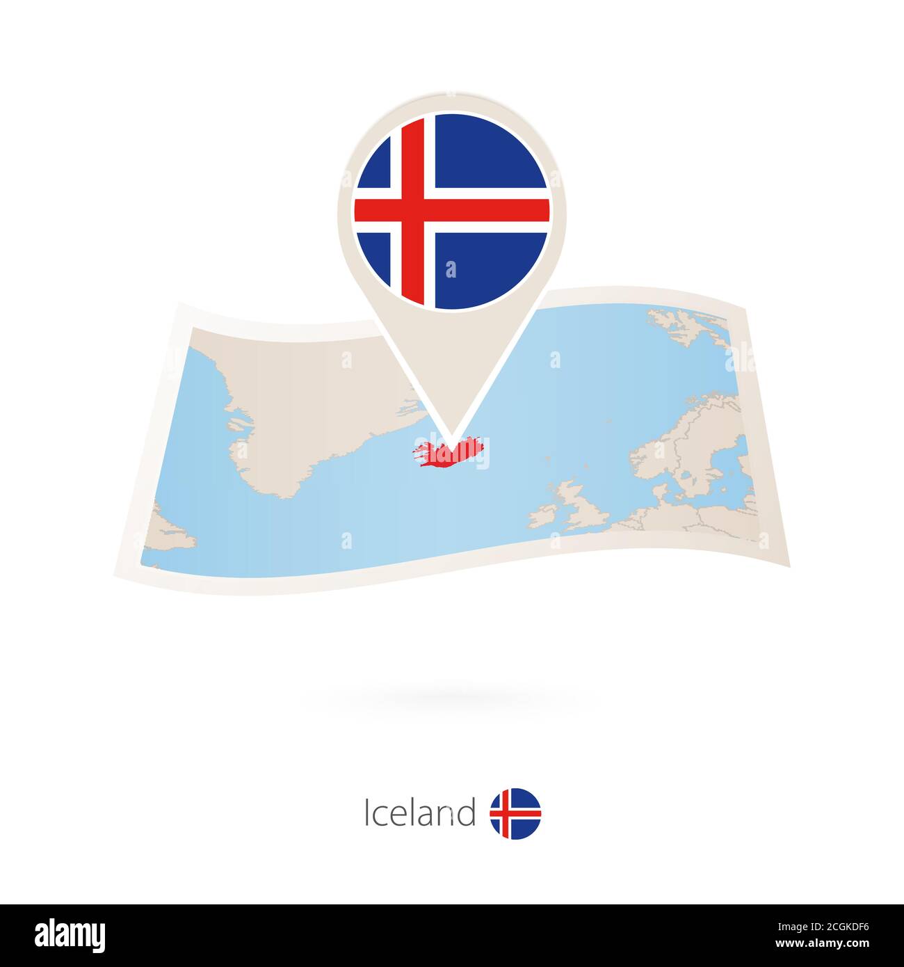 Gefaltete Papierkarte von Island mit Fahnennadel von Island. Vektorgrafik Stock Vektor