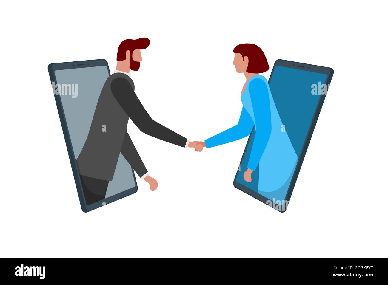 Geschäftsmann und Frau schütteln Hände durch Smartphone-Bildschirme als Online-Deal-Vereinbarung. Mobile Konferenz Netzwerk Meeting und Handshake. Zwei-Personen-Fernverhandlungskonzept. Vektorgrafik Stock Vektor