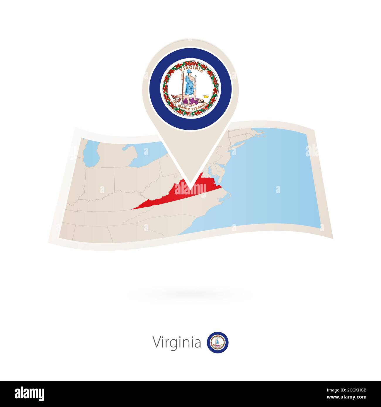 Gefaltete Papierkarte von Virginia U.S. State mit Fahnennadel von Virginia. Vektorgrafik Stock Vektor