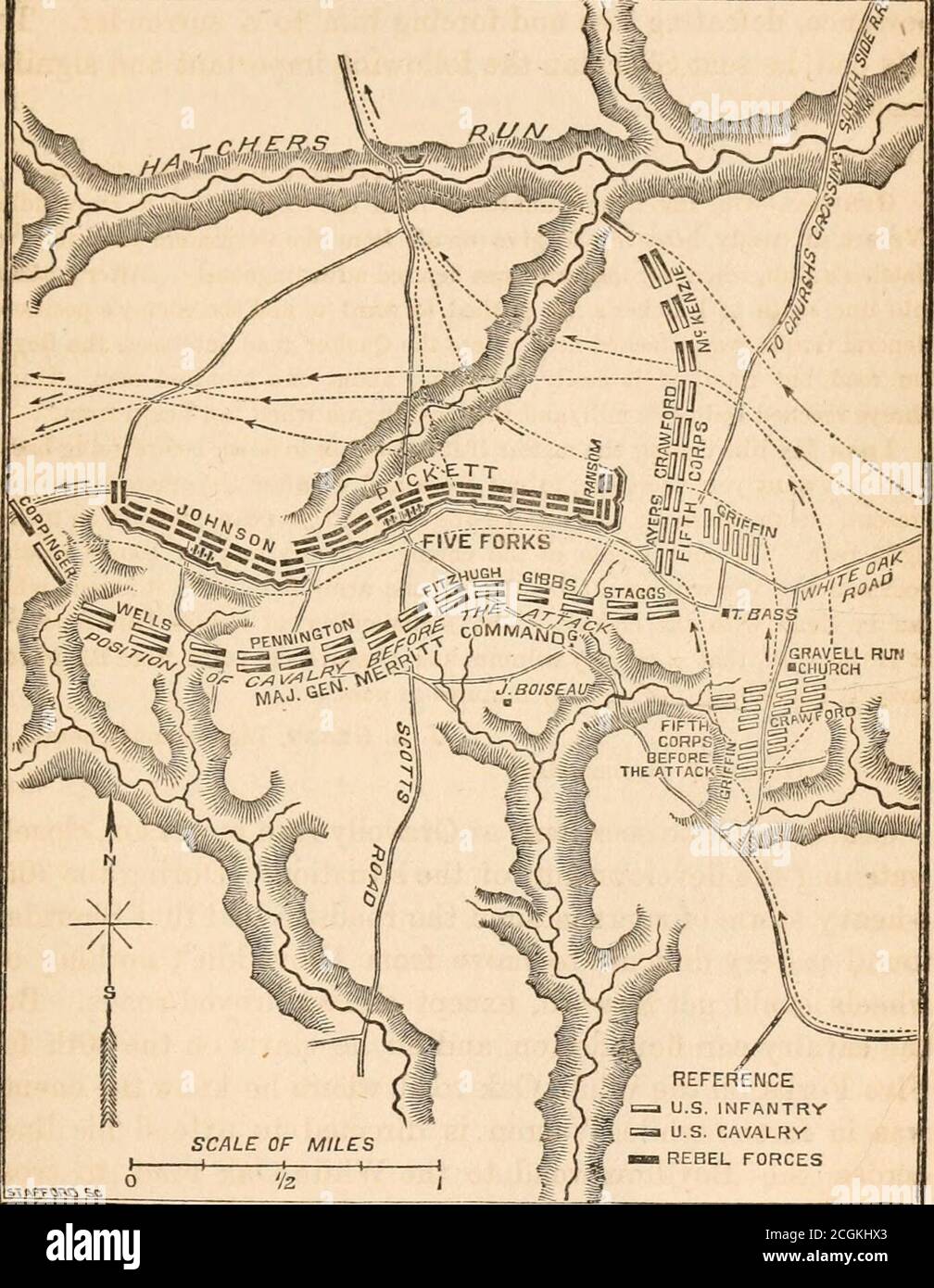 . Grant und seine Feldzüge: Eine militärische Biografie . oint aus RichmondRichtung Petersburg, vierzig Minuten dauern, um zu vergehen. U. S. Grant, Leutnant-Generalmajor-General P. II. Sheridaic. Grant, wird man sehen, war in Gravelly in Person laufen, beobachten die Entwicklungen der Situation. Während des 30tha starken Regensturms machten die Straßen so schlimm, dass Sheridan es sehr schwierig fand, sich von Dinwiddie zu bewegen; nichts auf Rädern konnte vorwärts kommen, außer auf abgedeisten Straßen. Doch die Kavallerie kann weiter flotzen, und so startet er am 30. Für Five Forks, auf der White Oak Road, wo er die Enemywa kannte Stockfoto
