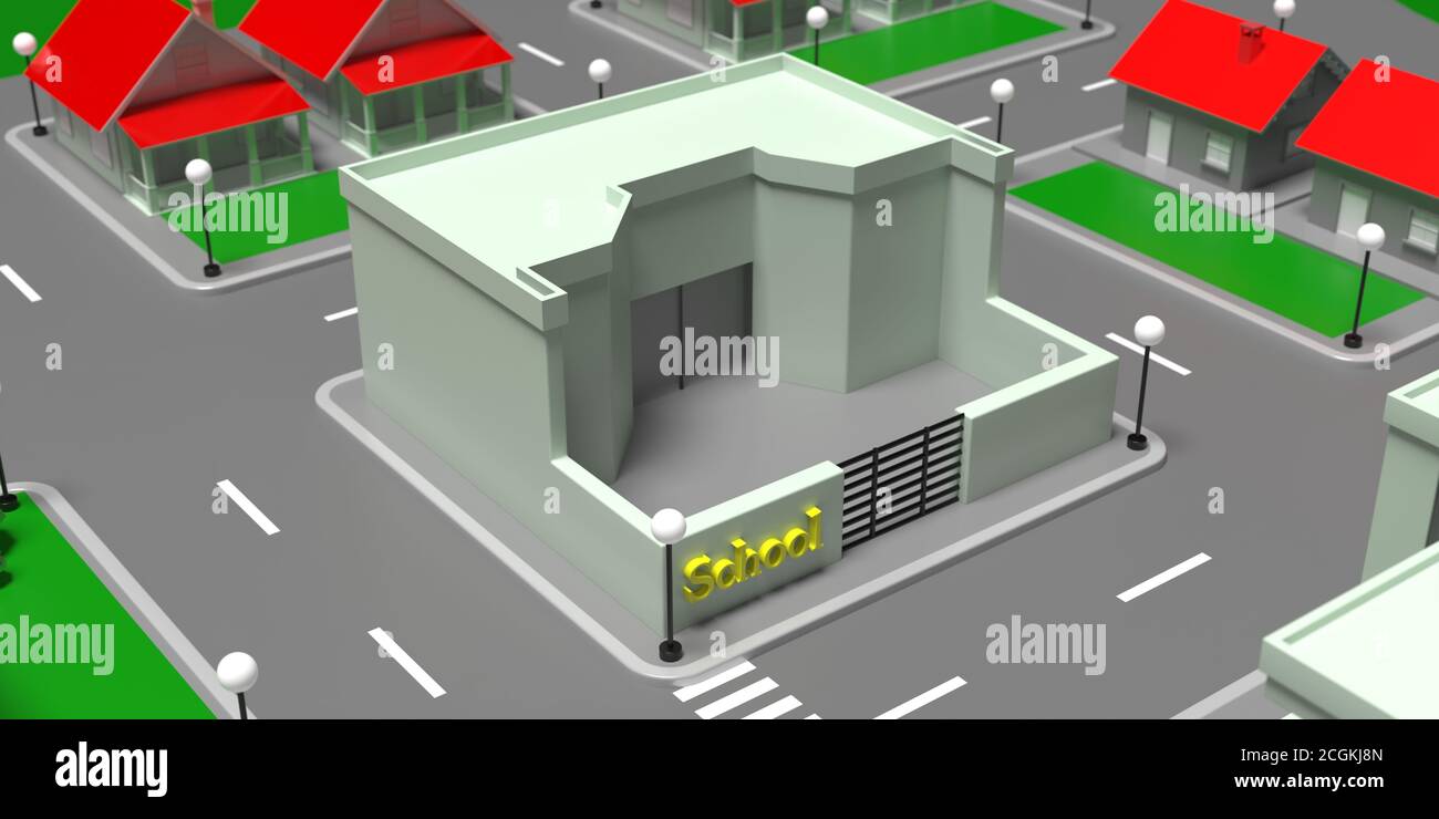 Kleines Schulgebäude mit Blick aus dem hohen Winkel, Stadt isometrischen Block mit Häusern, Straßen und Bäumen im Hintergrund. 3d-Illustration Stockfoto