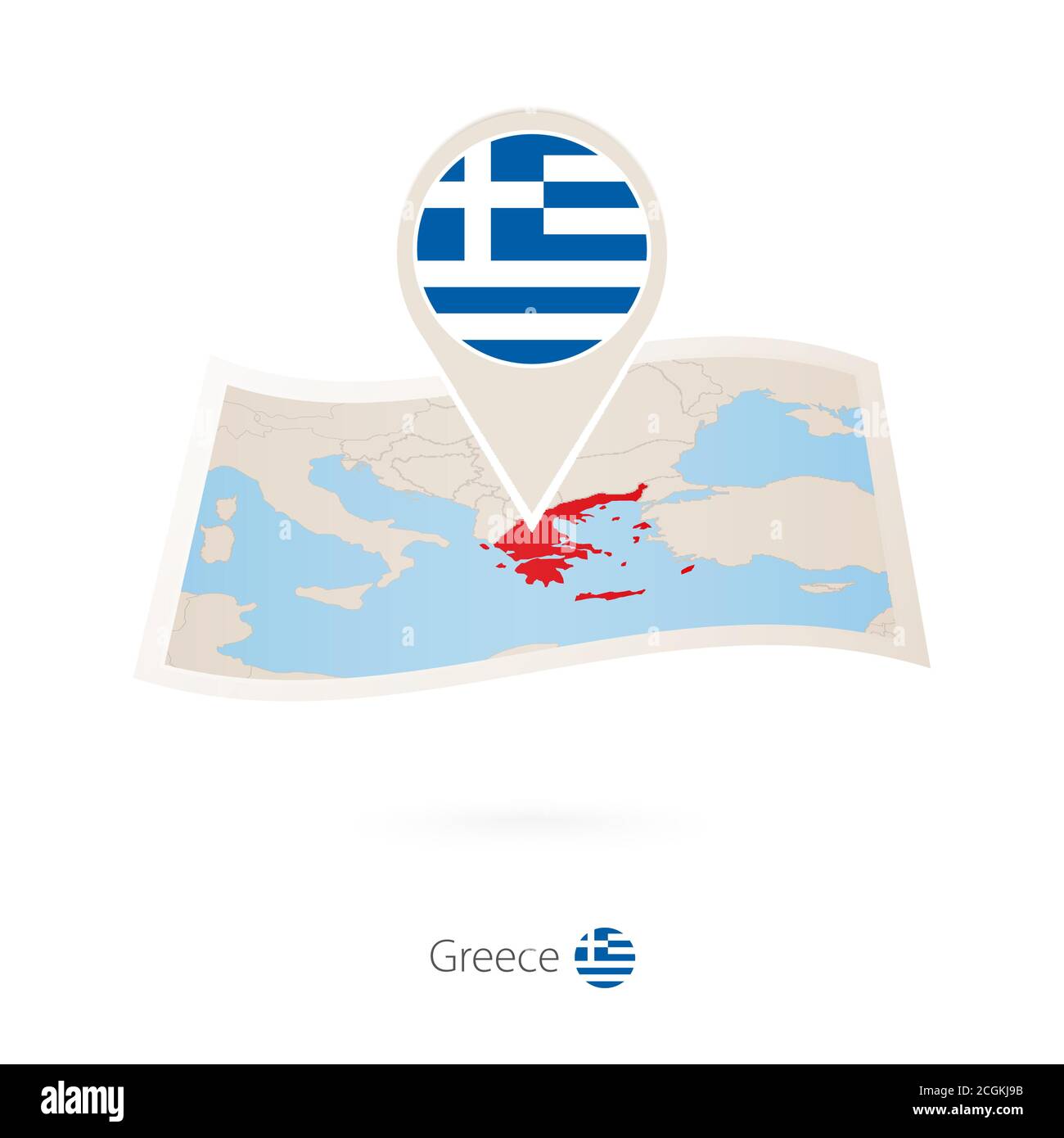 Gefaltete Papierkarte von Griechenland mit Fahnennadel von Griechenland. Vektorgrafik Stock Vektor