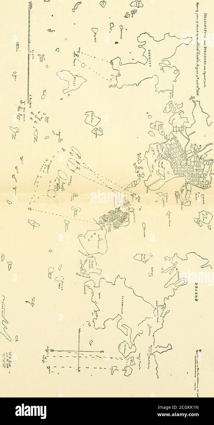 . Reminiszenzen der baltischen Flotte von 1855 . klar und schön, und unfoldeda herrlichen Panorama der Stadt, Festung, andadjacent Küsten. Ich bemerkte, eine Beschreibung von Compact Cronstadt war einfach, aber es war sehr unterschiedlich mit verstreuten Sweaborg. Im Norden lag Kelsingfors, die schwule Hauptstadt Finnlands, eine Universitätsstadt mit 25,000 Einwohnern; mit vielen schönen öffentlichen und privaten Gebäuden.die Kathedrale war sehr prominent, mit einer großen zentralen Kuppel, und in den Winkeln kleinere mit Minaretten; alle gaudig gemalt und vergoldet nach der emi-orientalischen Mode der russischen Kirchen. Onheights in der Nähe von To Stockfoto