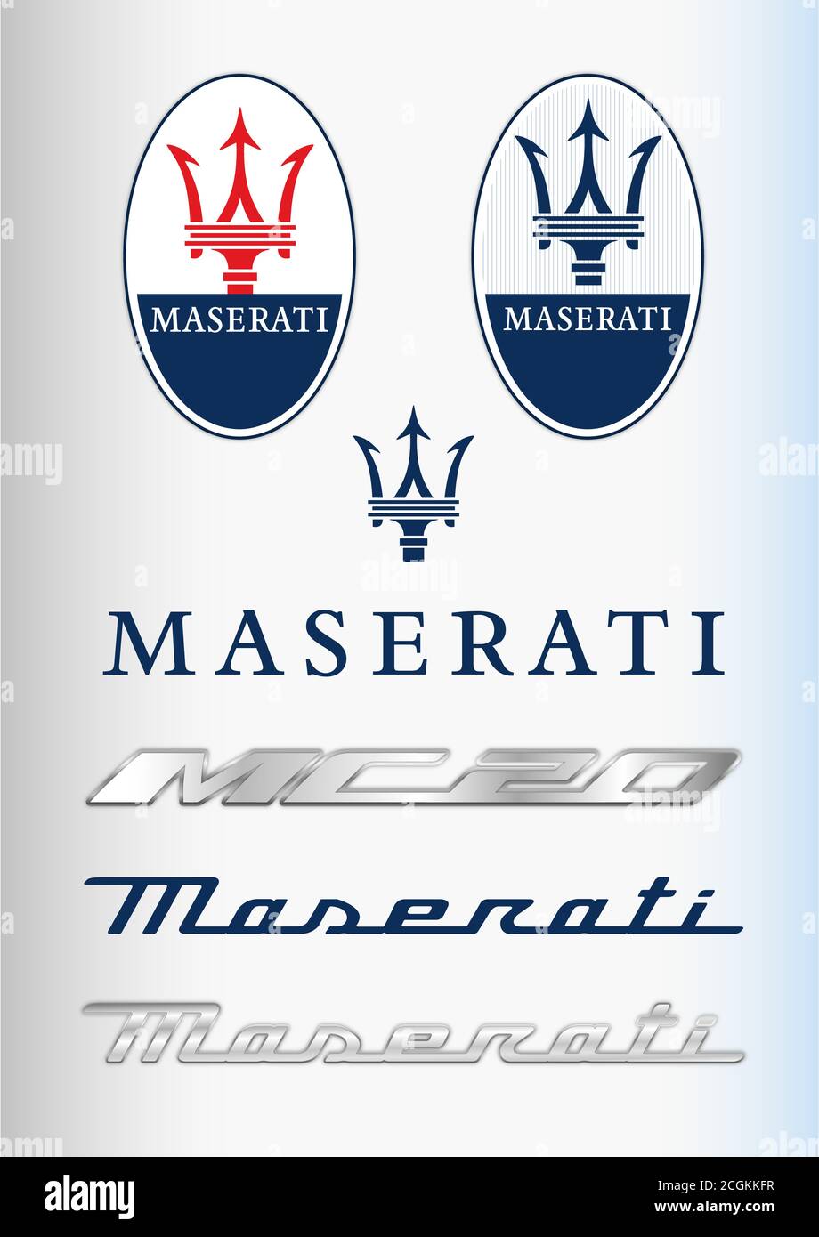 Modena, Italien, Jahr 2020 - Neue Marke Maserati Autos, Illustration, Editorial Stockfoto