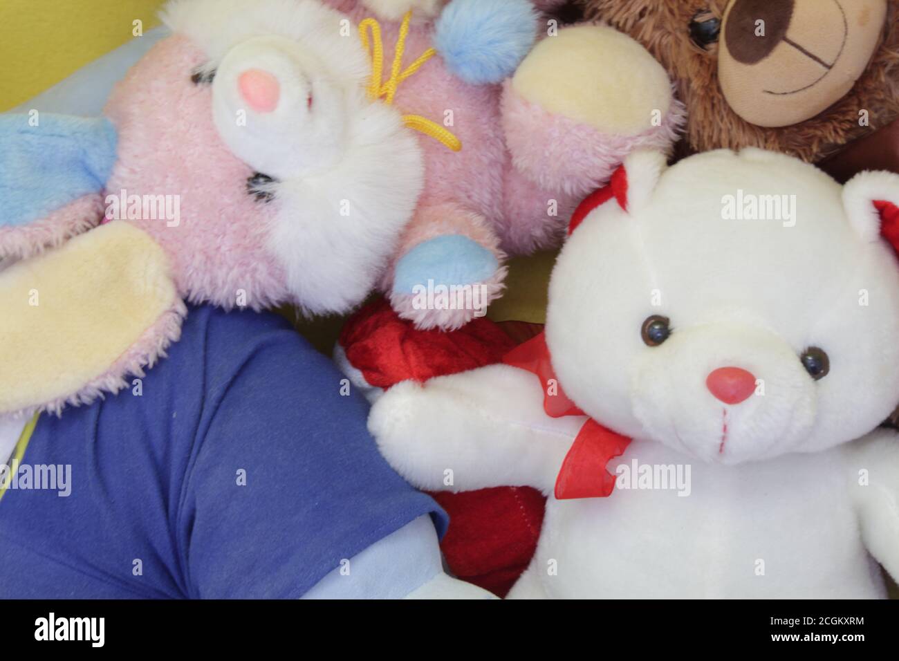 Teddybären, Kaninchen wurden in der Ecke gelassen, weil die Kinder zur Schule zurückkehrten Stockfoto