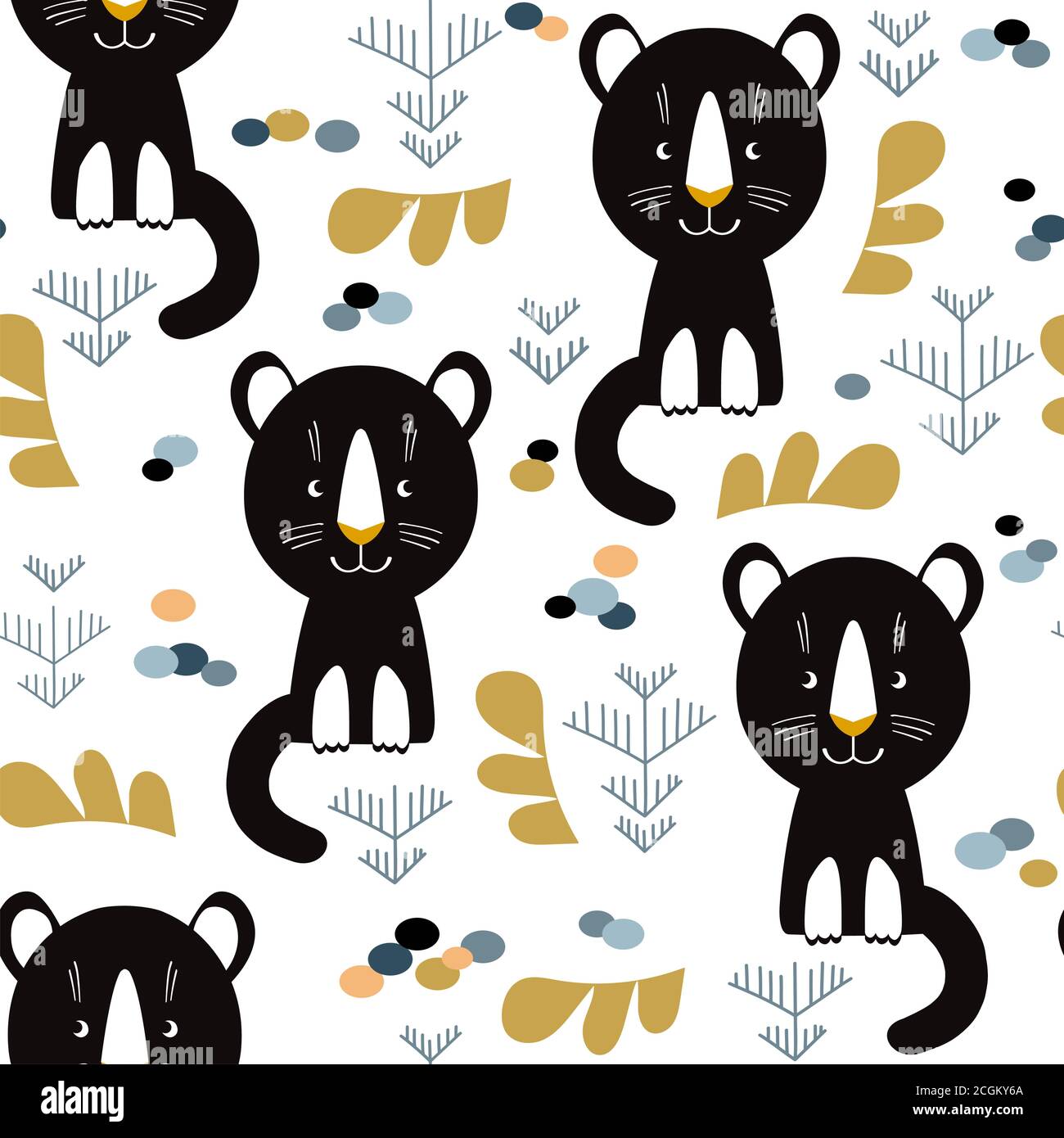 Kindisch nahtloses Muster mit handgezeichneten Wildkatzen und Savannenelementen. Kreative Kinder für Stoff, Verpackung, Textil, Tapete, Kleidung. Vektor-Abb. Stock Vektor