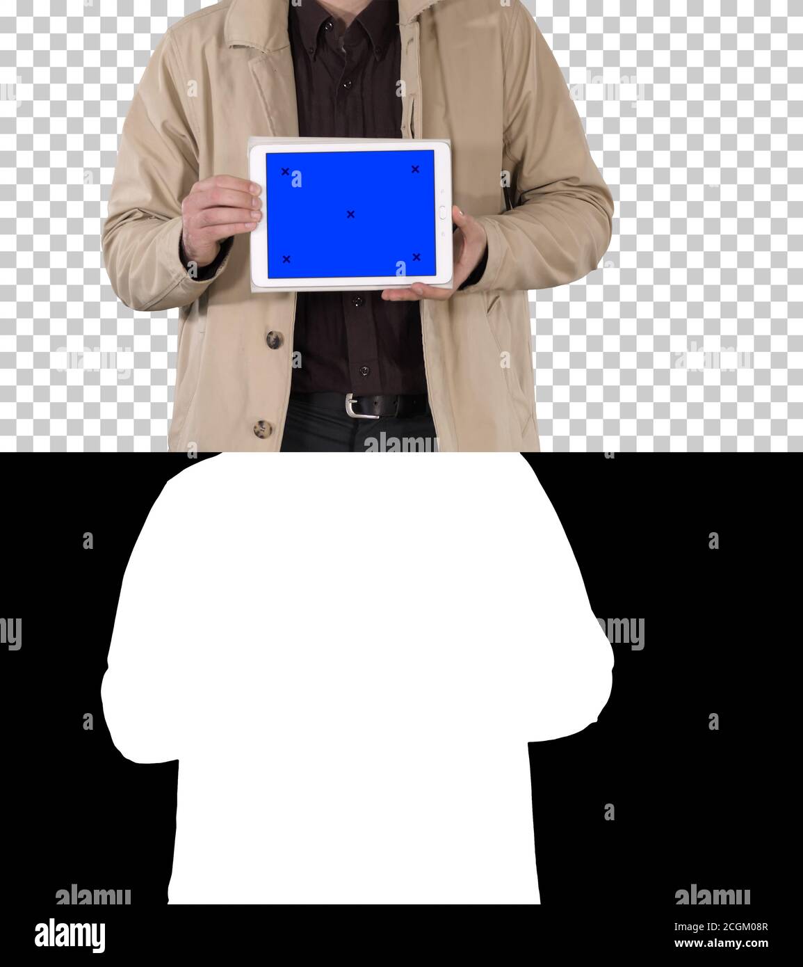 Männliche Hände, die Tablette mit Blue screen Mockup, Alpha Kanal Stockfoto