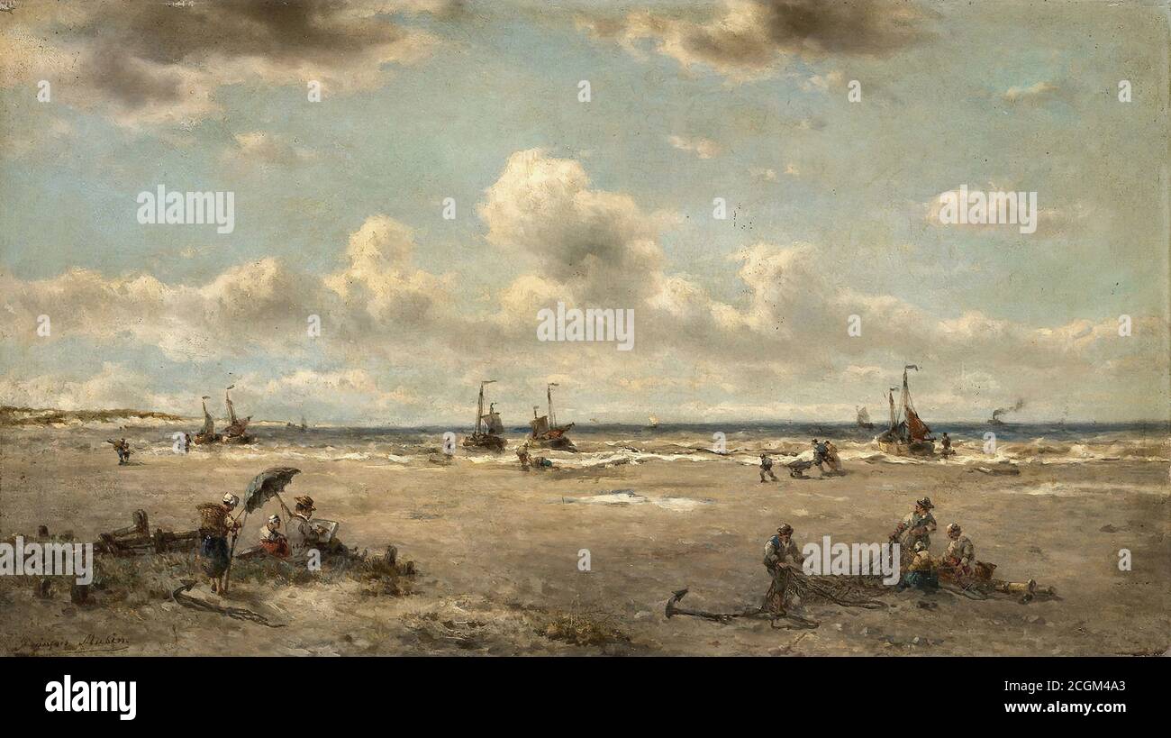 Musin François Etienne - Geanimeerd Strand Met Vissers En De Artiest Aan Het Schilderen - Belgische Schule - 19. Jahrhundert Stockfoto