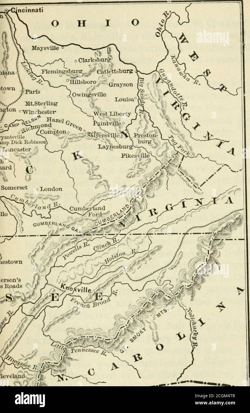 . Der Bürgerkrieg und die Verfassung, 1859-1865 . / ColmnbiaKrS,UEO >-e«->V^UK^ KindMt.plesant r--  . Buencei; JUnnville Pikes: Hodg-ei Coluiibia>rx/ rariliiiigt Pulaskp^ Fayetteville y-^ ^ Citjr VF /t.-D^-l^VT^ twinchel^^«^•■^^eig^£^^ 3eliefJN/o /C ^^fettonrCrawfi^ ^^* iHuntsviUe BdefJSt/o/? -H^?™c^ **^Whitesburg ^A. /S-f Allgemeine Karte o. BRAGGS INVASION VON KENTUCKY 65 etwa zur gleichen Zeit wurde die Garnison in Clarksville, fünfzig Meilen unterhalb von Nashville auf dem Cumberland, von einer Band konföderierten Partisanen, die danach Raiddth Stockfoto