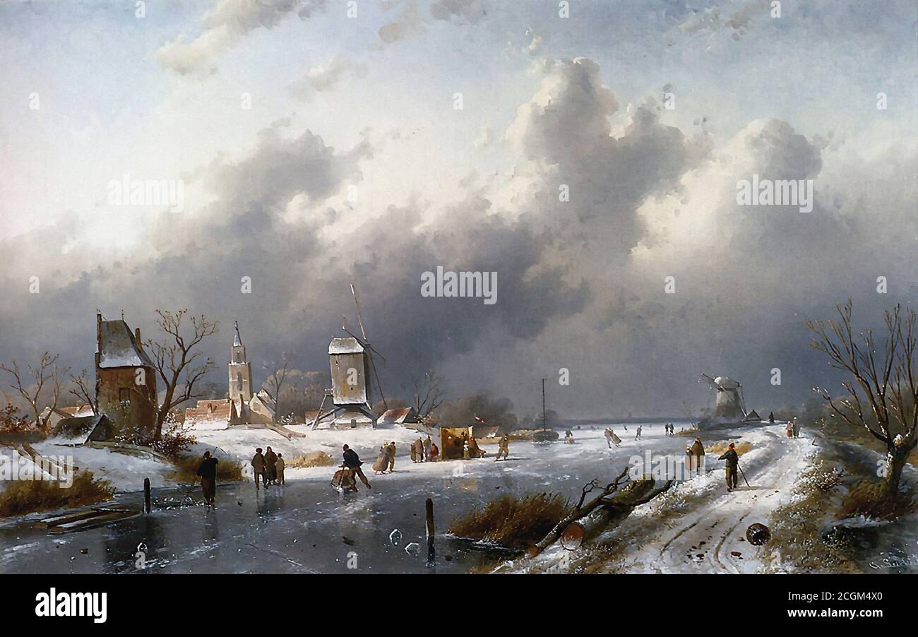 Leickert Charles Henri Joseph - eine gefrorene Winterlandschaft mit Skater - Belgische Schule - 19. Jahrhundert Stockfoto