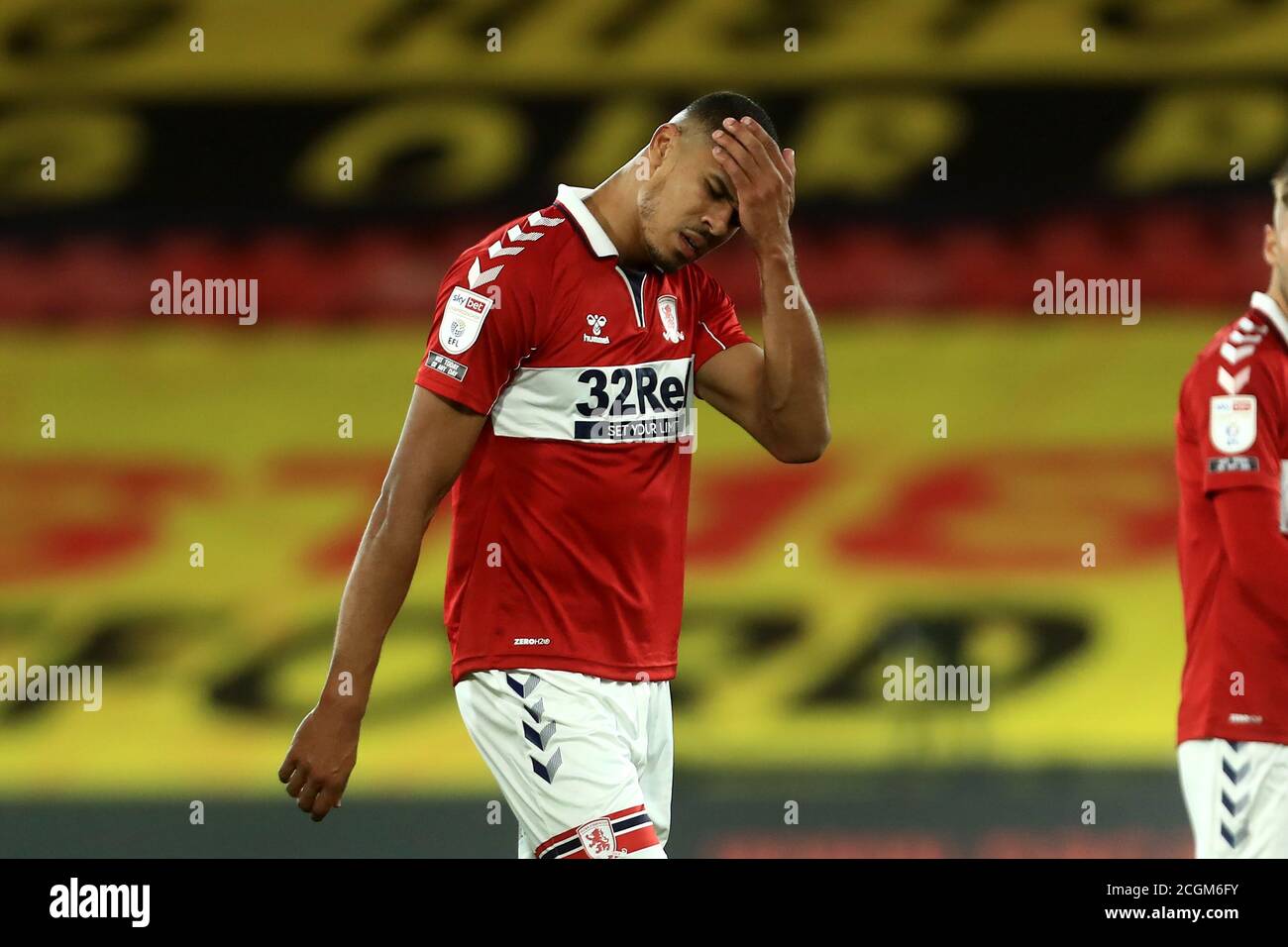 WATFORD, ENGLAND. 11. SEPTEMBER Ashley Fletcher von Middlesbrough dejected nach dem Sky Bet Championship Match zwischen Watford und Middlesbrough in Vicarage Road, Watford. (Kredit: Leila Coker, MI News) Kredit: MI Nachrichten & Sport /Alamy Live Nachrichten Stockfoto