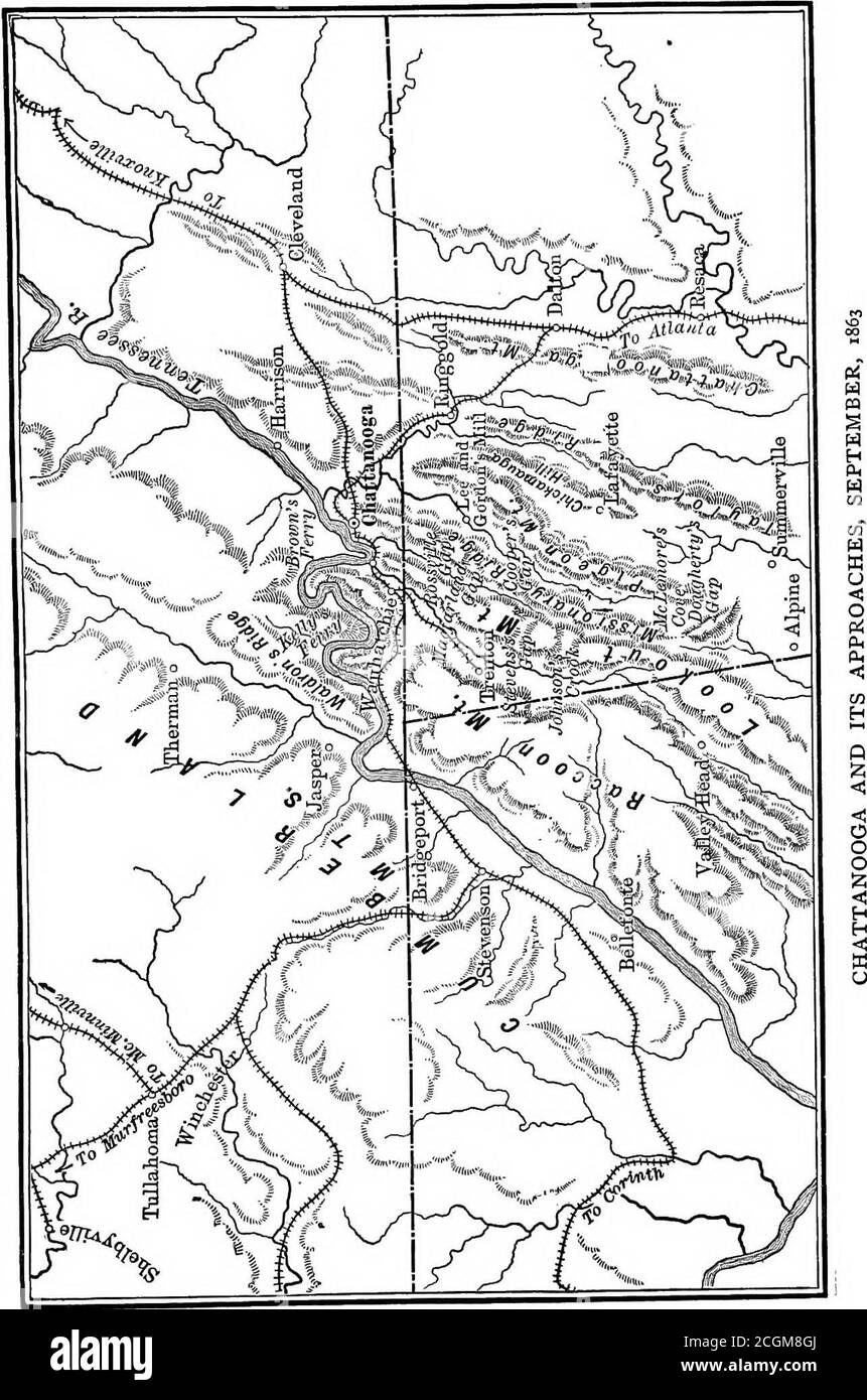 . Das Mississippi-Tal im Bürgerkrieg . ING. An ihren südlichen oder oberen Enden vereinen sich die Täler Chattanooga und Chickamauga in einem Tal, das als McLemores Cove bekannt ist. Stilleastward von Pigeon Mountain finden wir Chick-amauga Hill und Taylors Ridge, entwässert von themmidle und östlichen Zweigen von Chickamaugaceek. Über diese Ranges kommen wir zum Chatta-nooga Mountain, dem letzten der Serie, jenseits dessen die Ströme alle in die entgegengesetzte Richtung zum Golf von Mexiko fließen. Östlich der Großhandelsbetriebe, und auf der südlichen Wasserscheide, stehen die Städte Dalton und Eesaca, Stationen auf der Schiene-Straße von C Stockfoto